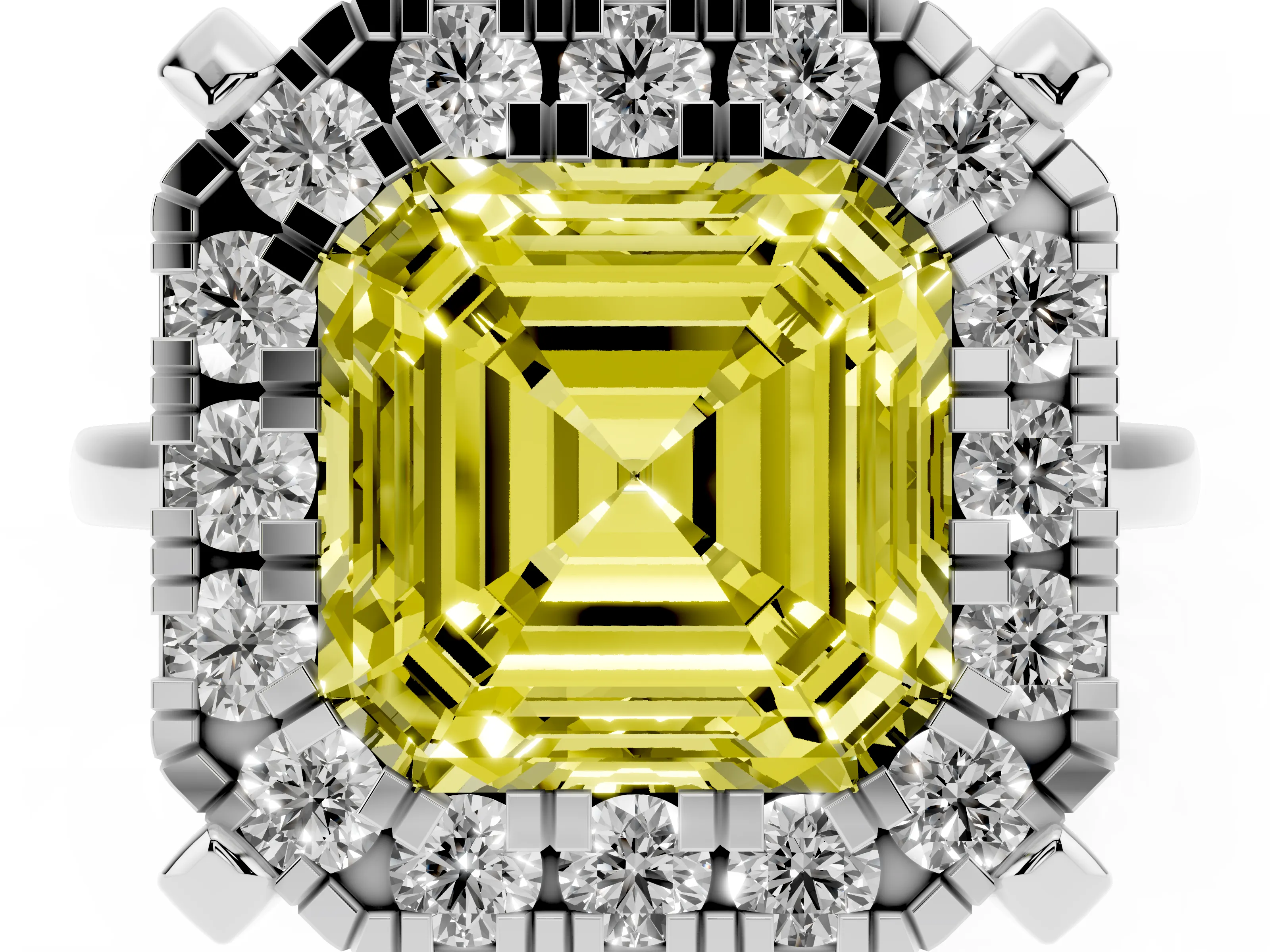 Fancy Yellow Asscher Cut Diamond Cluster Halo Solitaire Ring Set in Silver with Prong Setting
