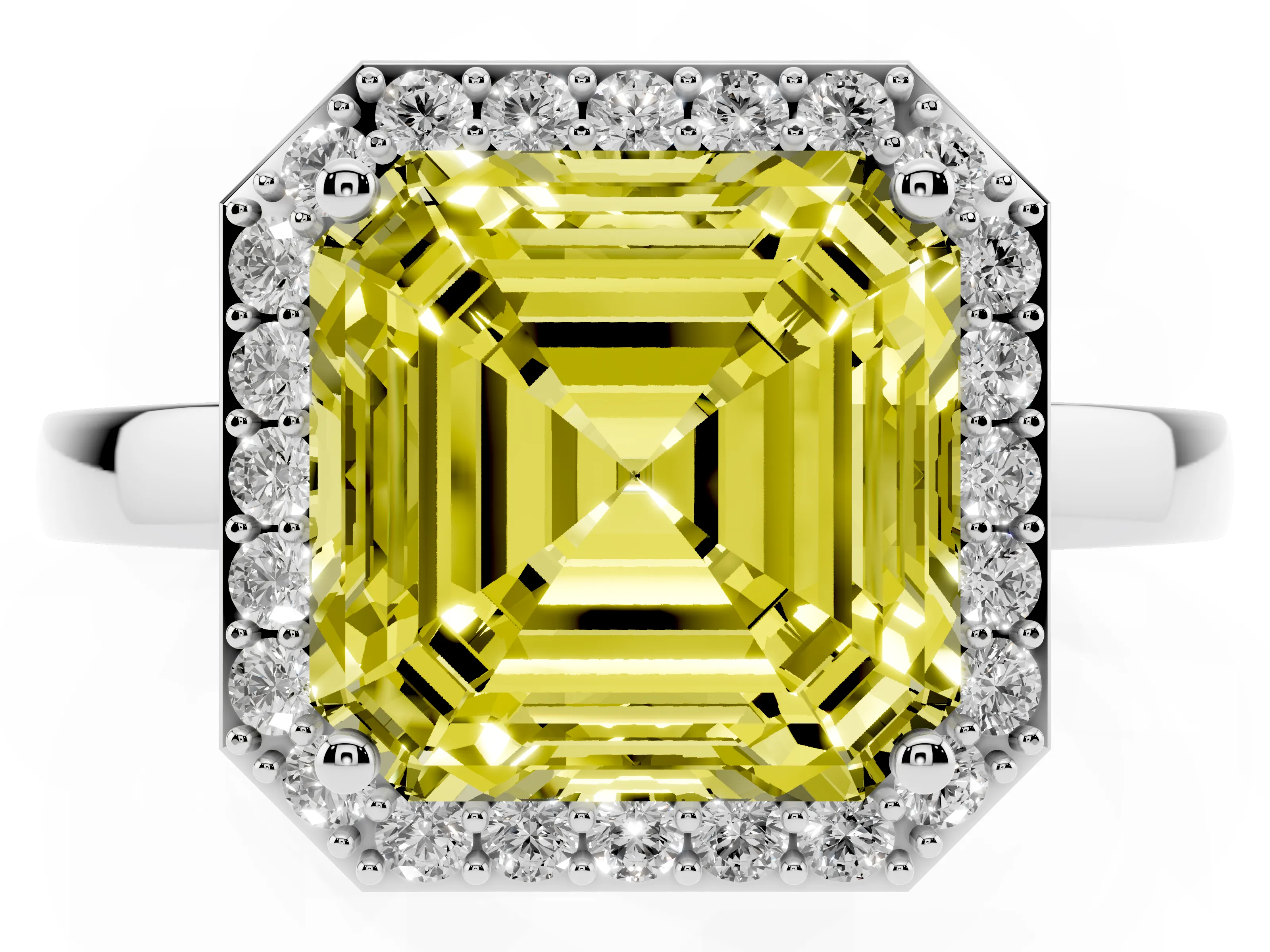 Fancy Yellow Asscher Cut Diamond Halo Ring Set in White gold with Solitaire Band and Prong Setting