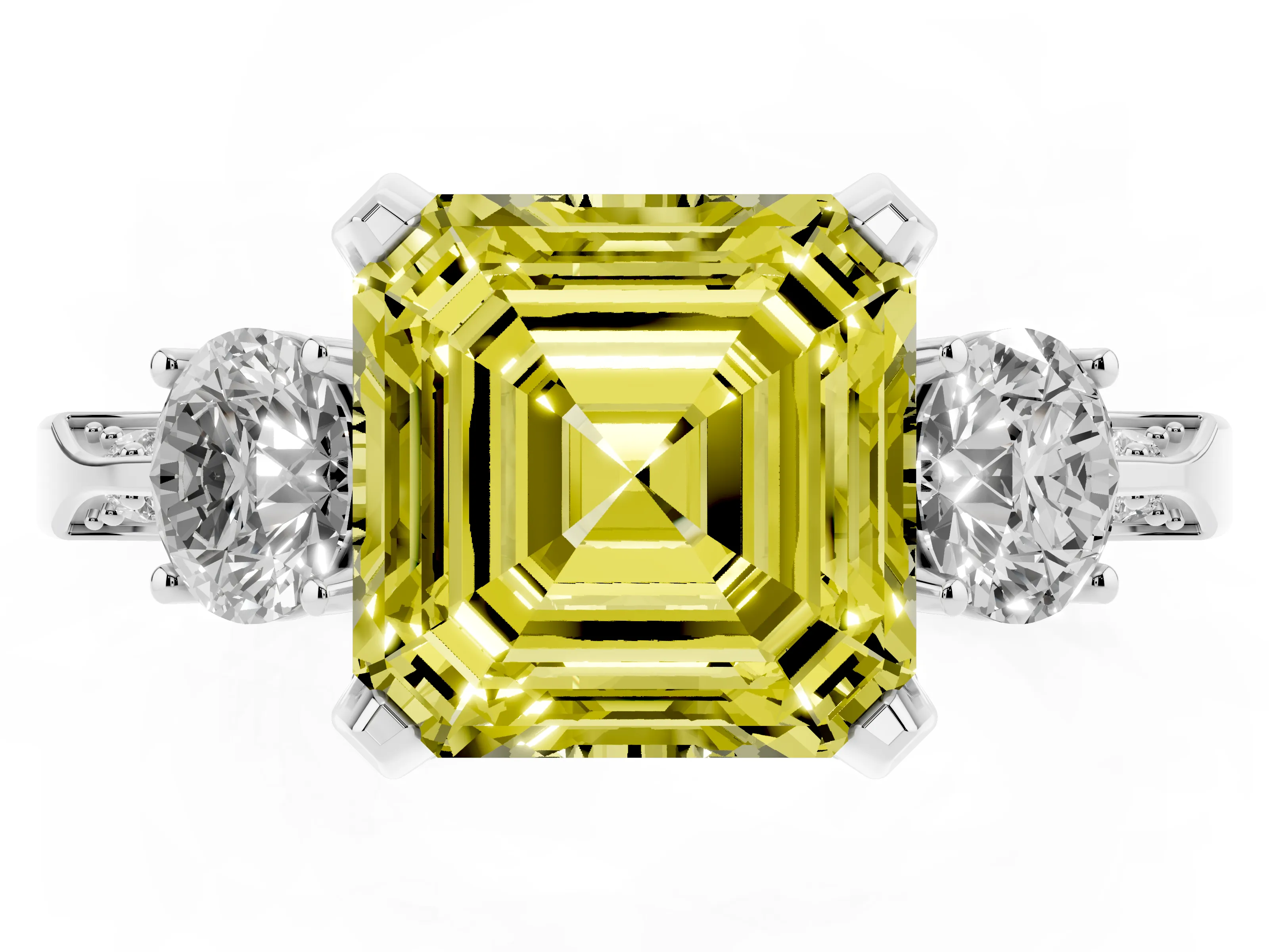 Fancy Yellow Asscher Cut Diamond Three-Stone Ring Set in Silver with Pavé Band and Smaller Side Stones