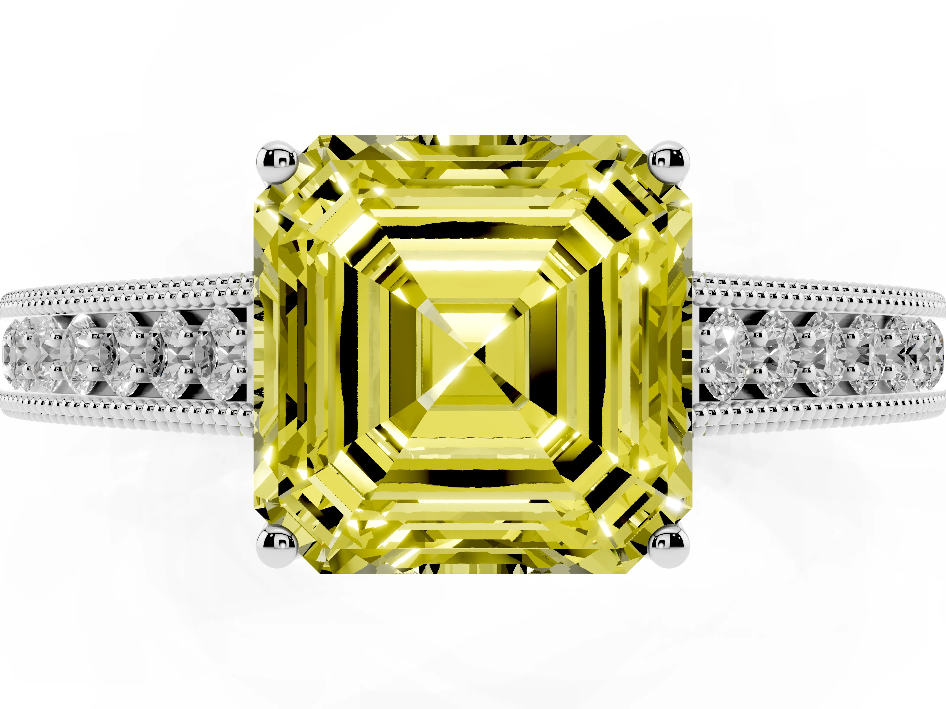 Fancy Yellow Asscher Cut Diamond Milgrain Pavé Band Solitaire Ring Set in Platinum with Prong Setting