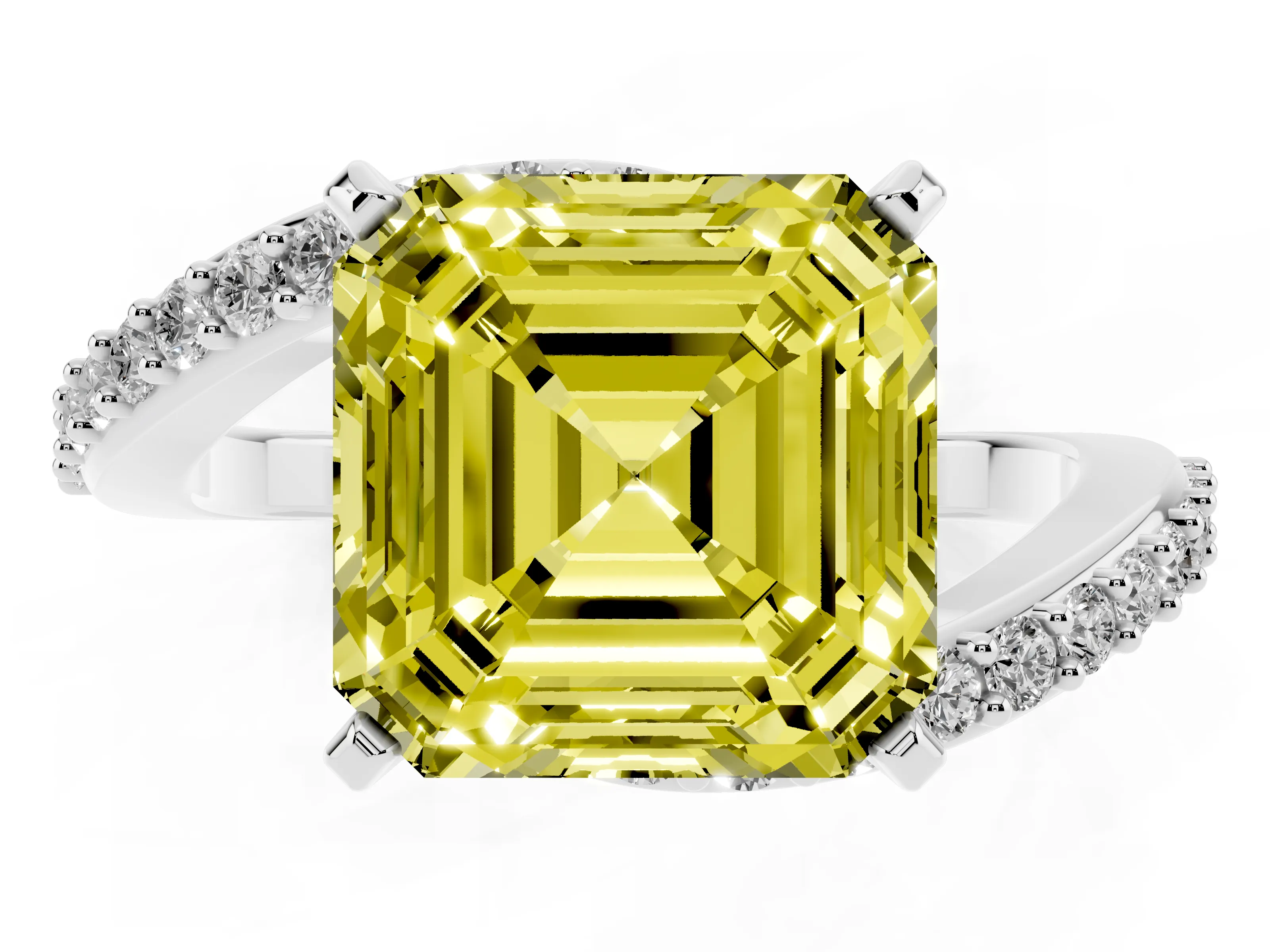 Fancy Yellow Asscher Cut Diamond Solitaire Ring Set in Platinum with Pavé Twist Band and Prong Setting
