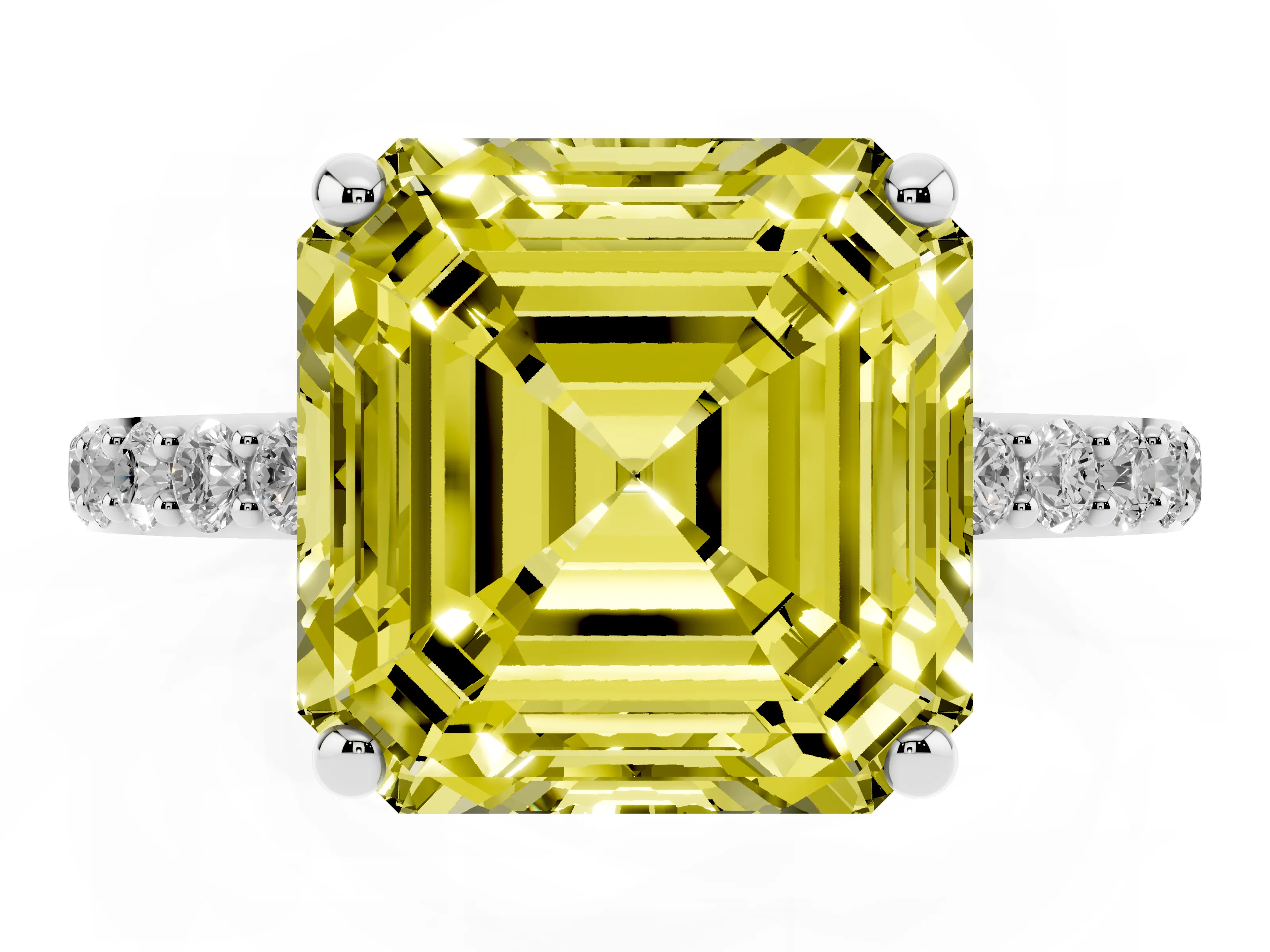 Fancy Yellow Asscher Cut Diamond Solitaire Ring Set in Silver with Round Pavé Band and Prong Setting
