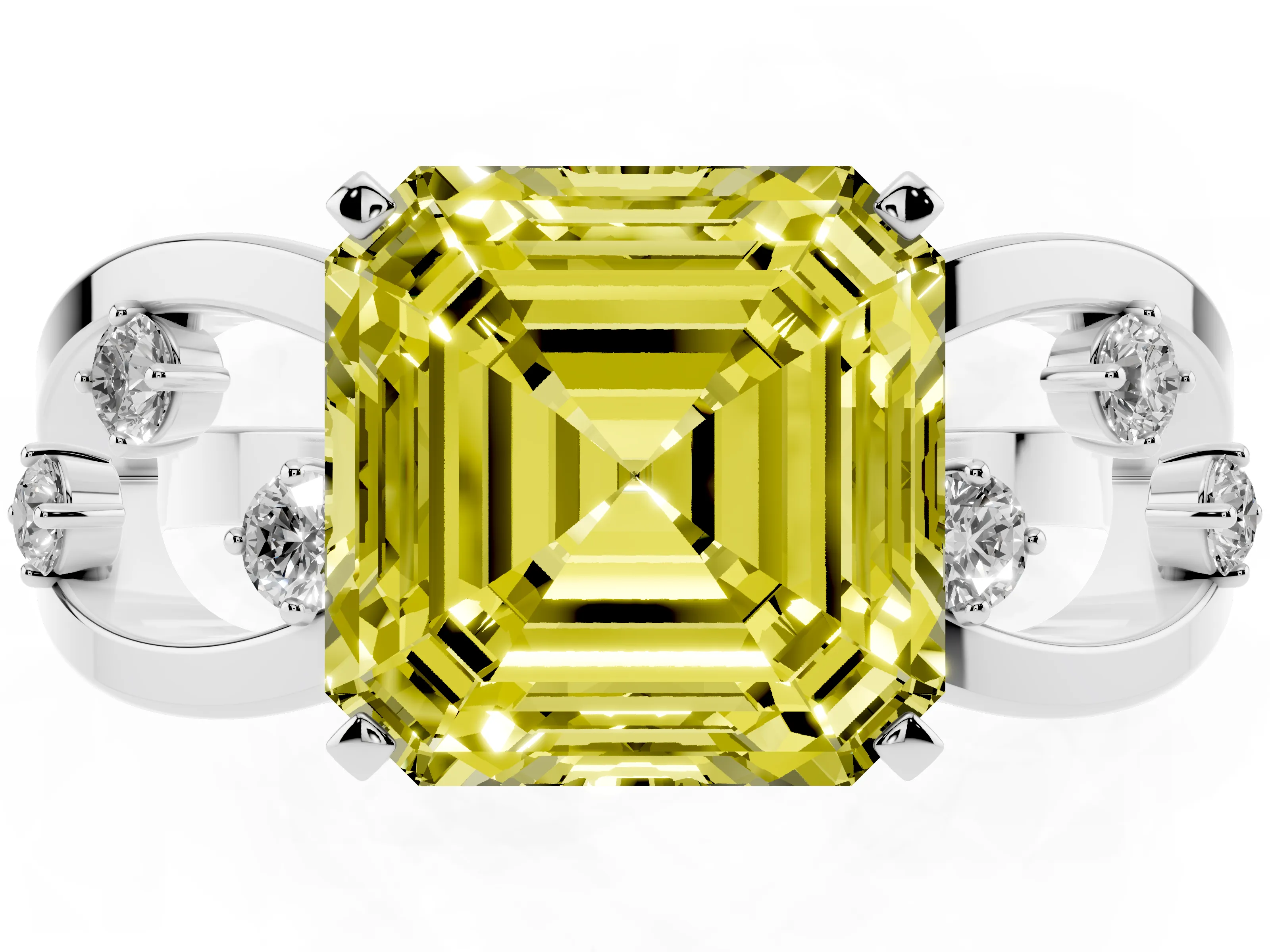 Fancy Yellow Asscher Cut Diamond Solitaire Ring Set in Silver with Side Stones on Criss-Cross Band and Prong Setting