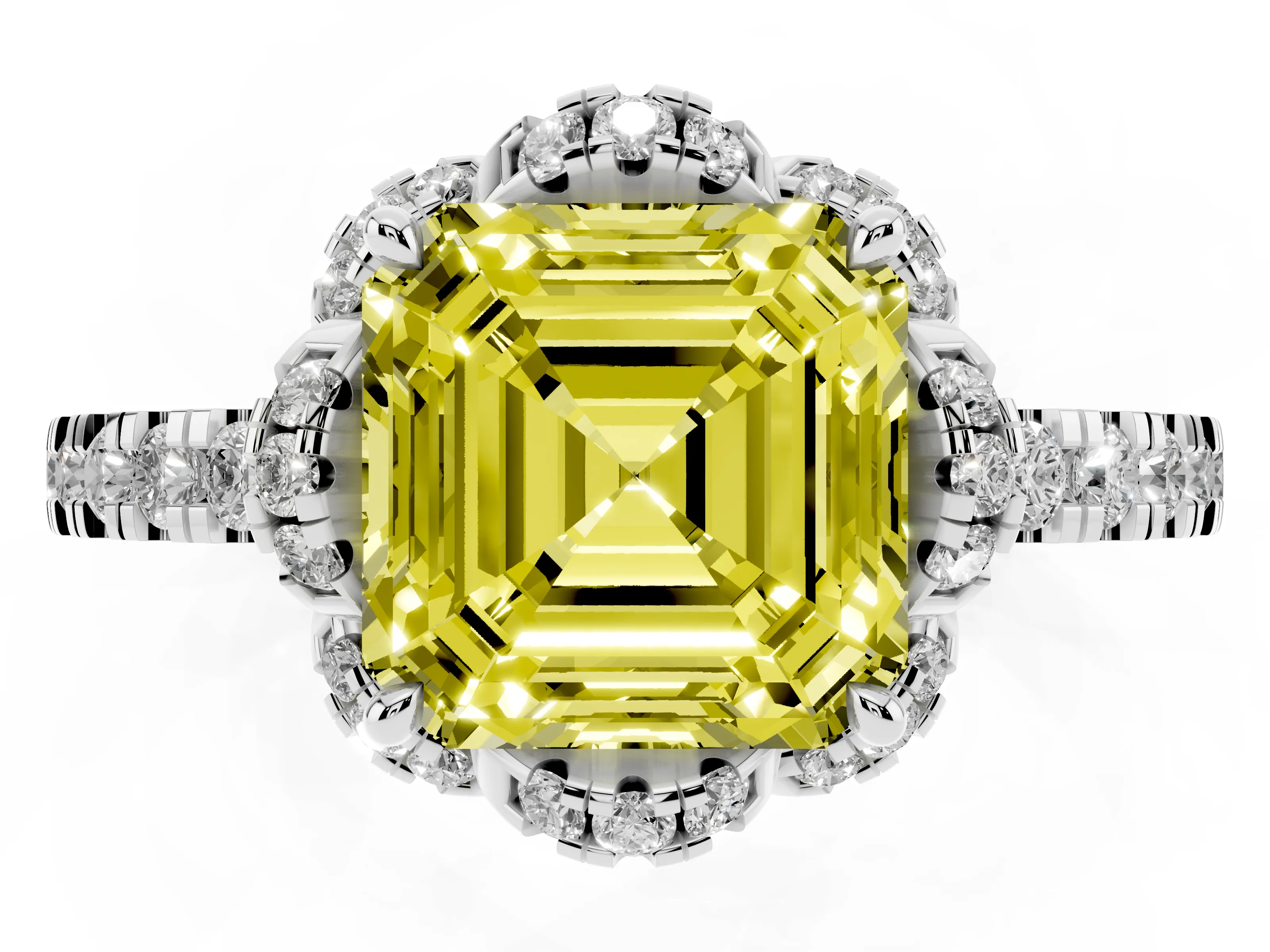 Fancy Yellow Asscher Cut Diamond Halo Pavé Ring Set in Platinum with Prong-Held Center Stone