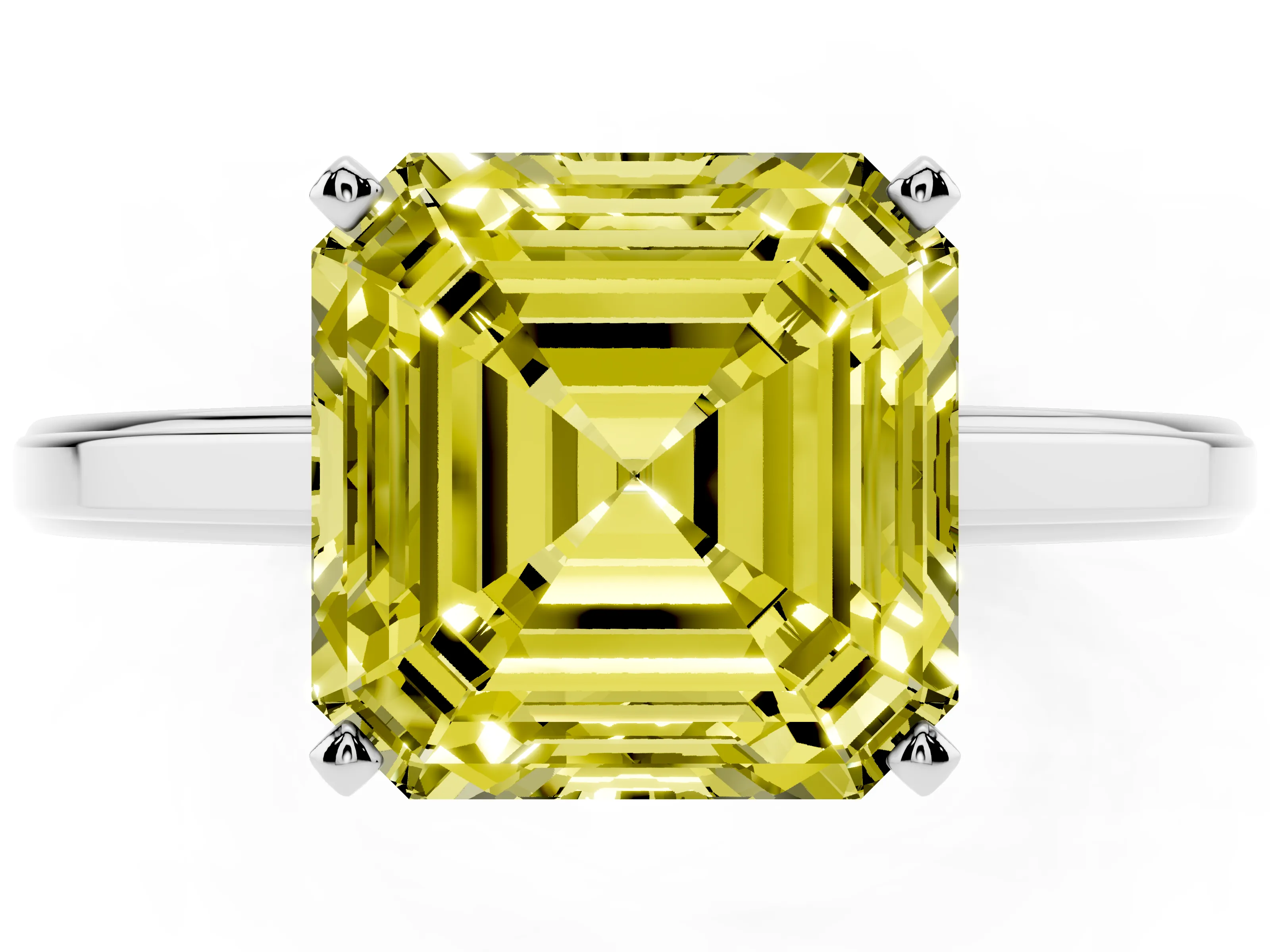 Fancy Yellow Asscher Cut Diamond Solitaire Ring Set in White gold with Prong Setting and Classic Band