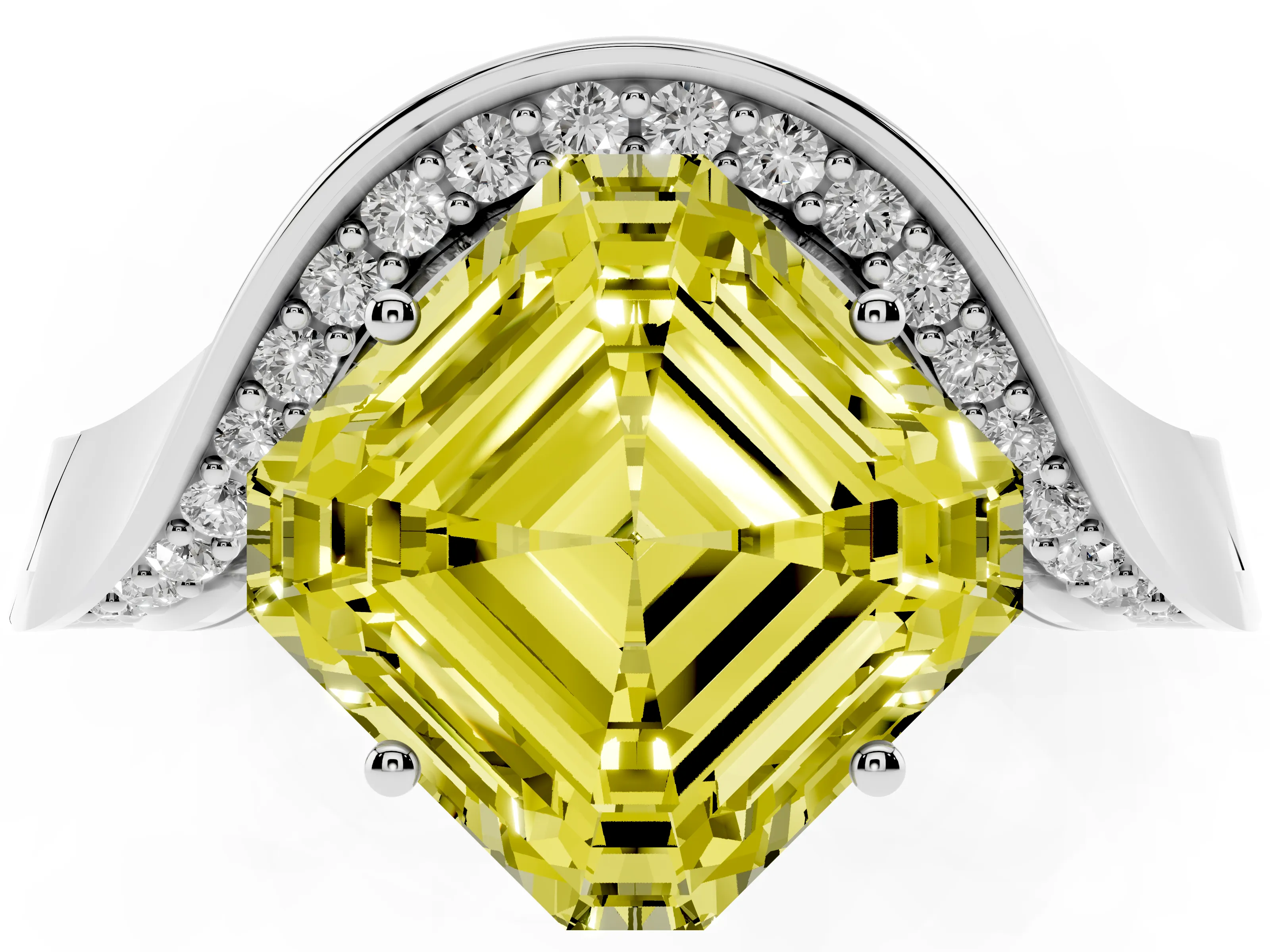 Fancy Yellow Asscher Cut Diamond Solitaire Engagement Ring Set in Silver with Pavé Shoulders