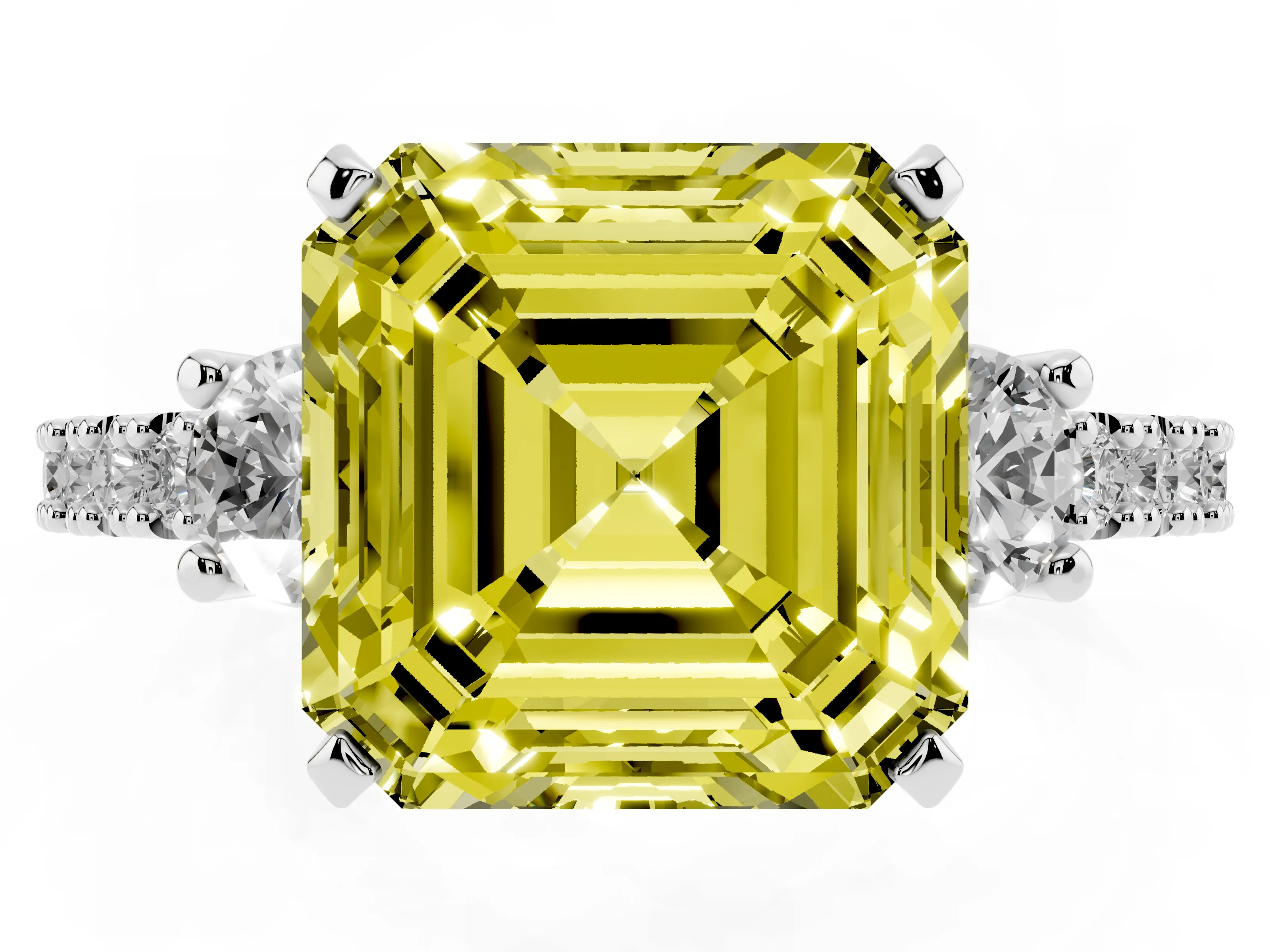Fancy Yellow Three-Stone Asscher Cut Diamond Pavé Band Ring Set in Silver with Prong Setting