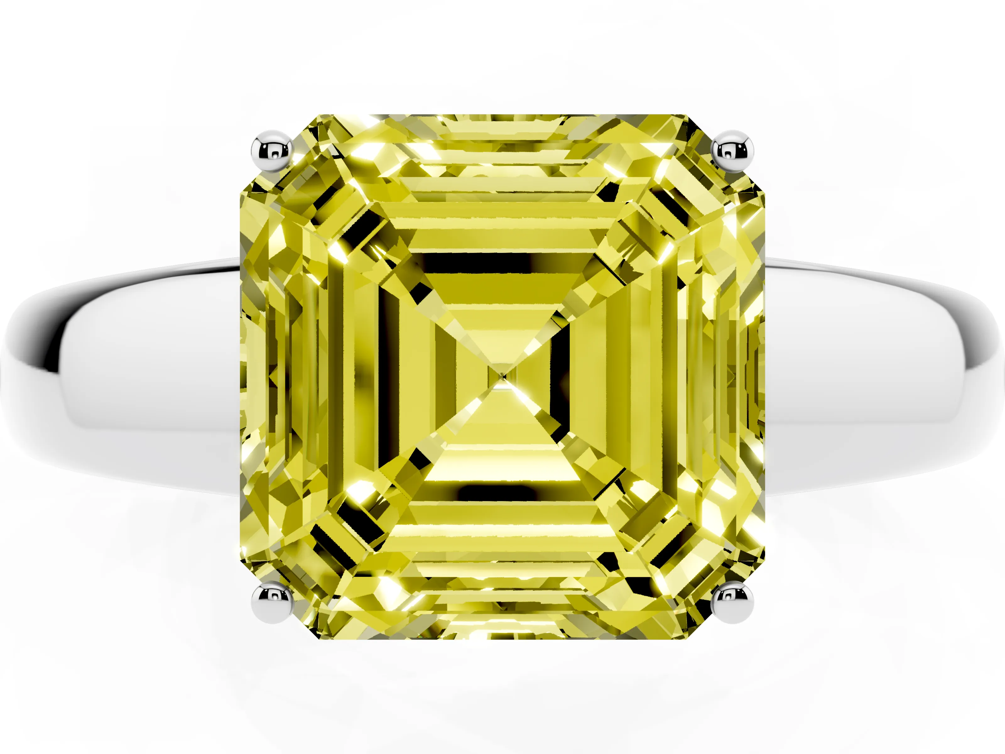 Fancy Yellow Asscher Cut Diamond Solitaire Ring Set in White gold with Tapered Band and Prong Setting