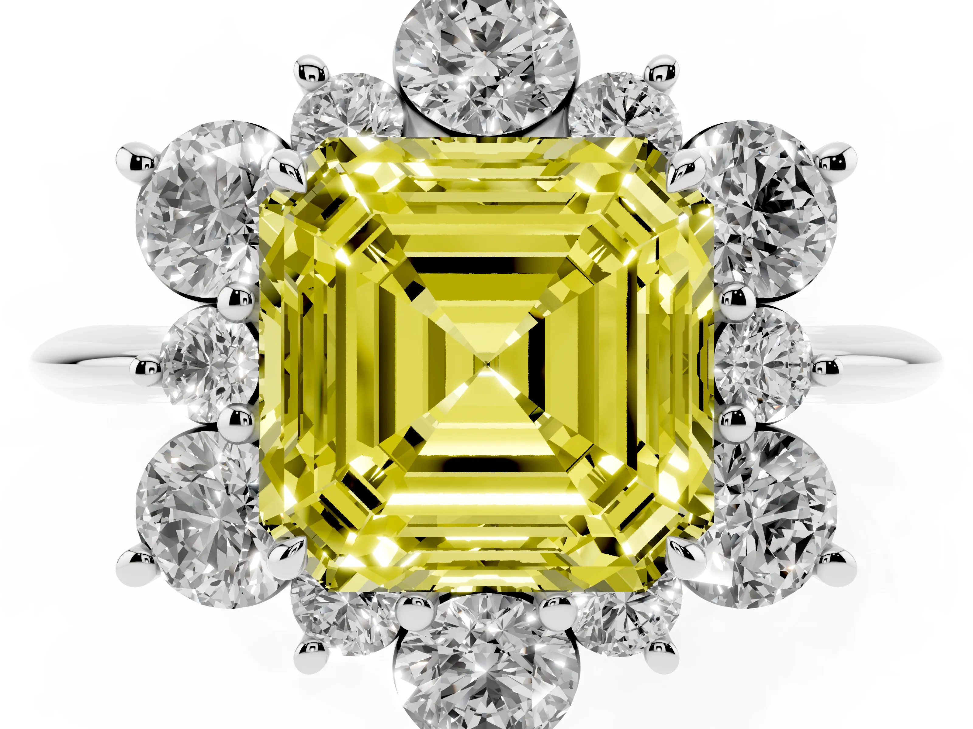 Fancy Yellow Asscher Cut Diamond Cluster Halo Ring Set in White gold with Solitaire Band and Prong Setting