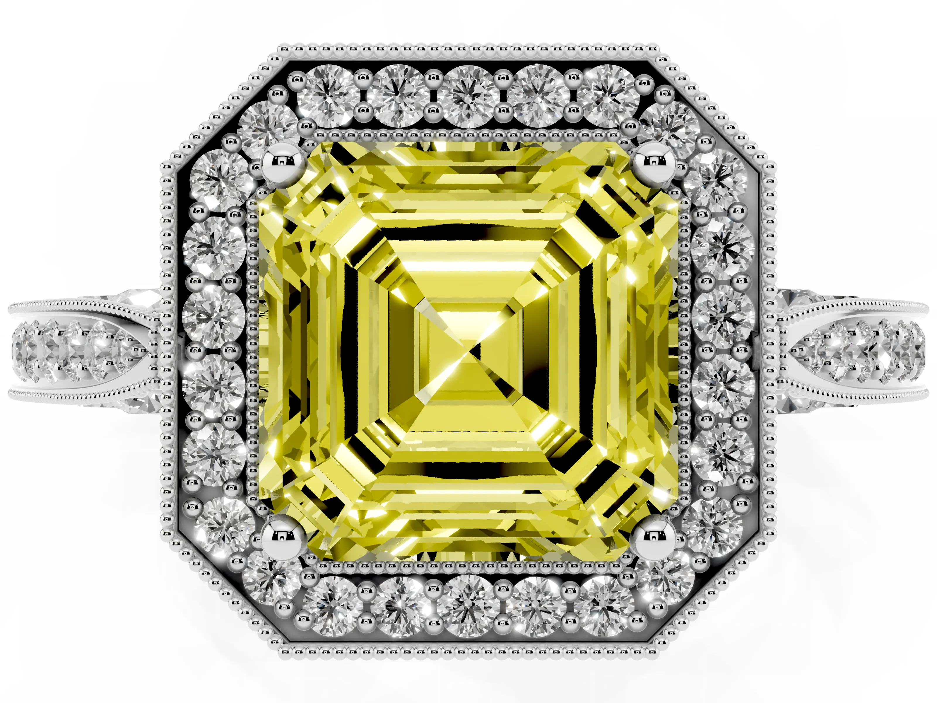 Fancy Yellow Asscher Cut Diamond Halo Engagement Ring Set in Silver with Accent Split Shank Band