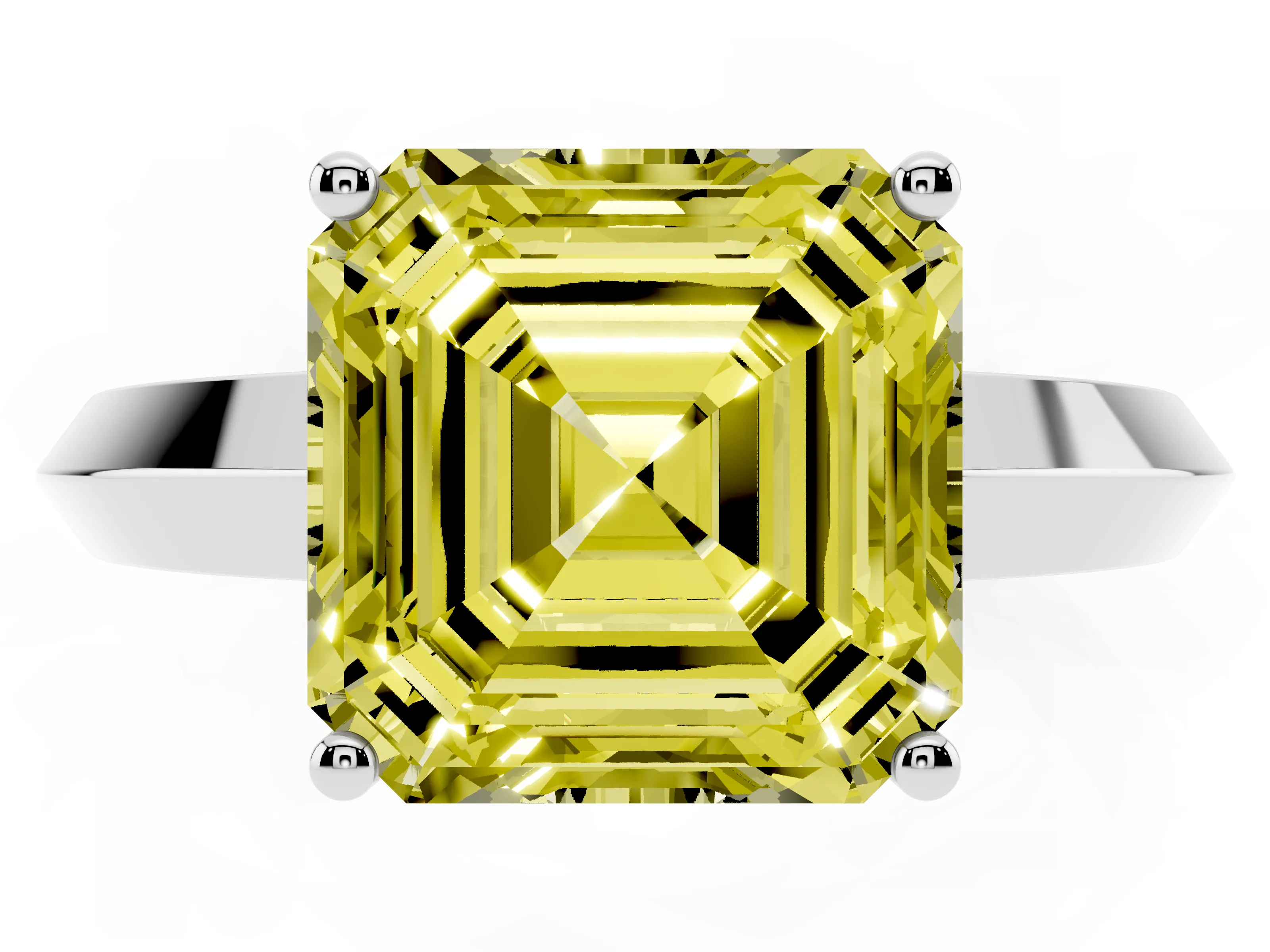 Fancy Yellow Asscher Cut Diamond Solitaire Engagement Ring Set in Silver with Flat Band and Prong Setting
