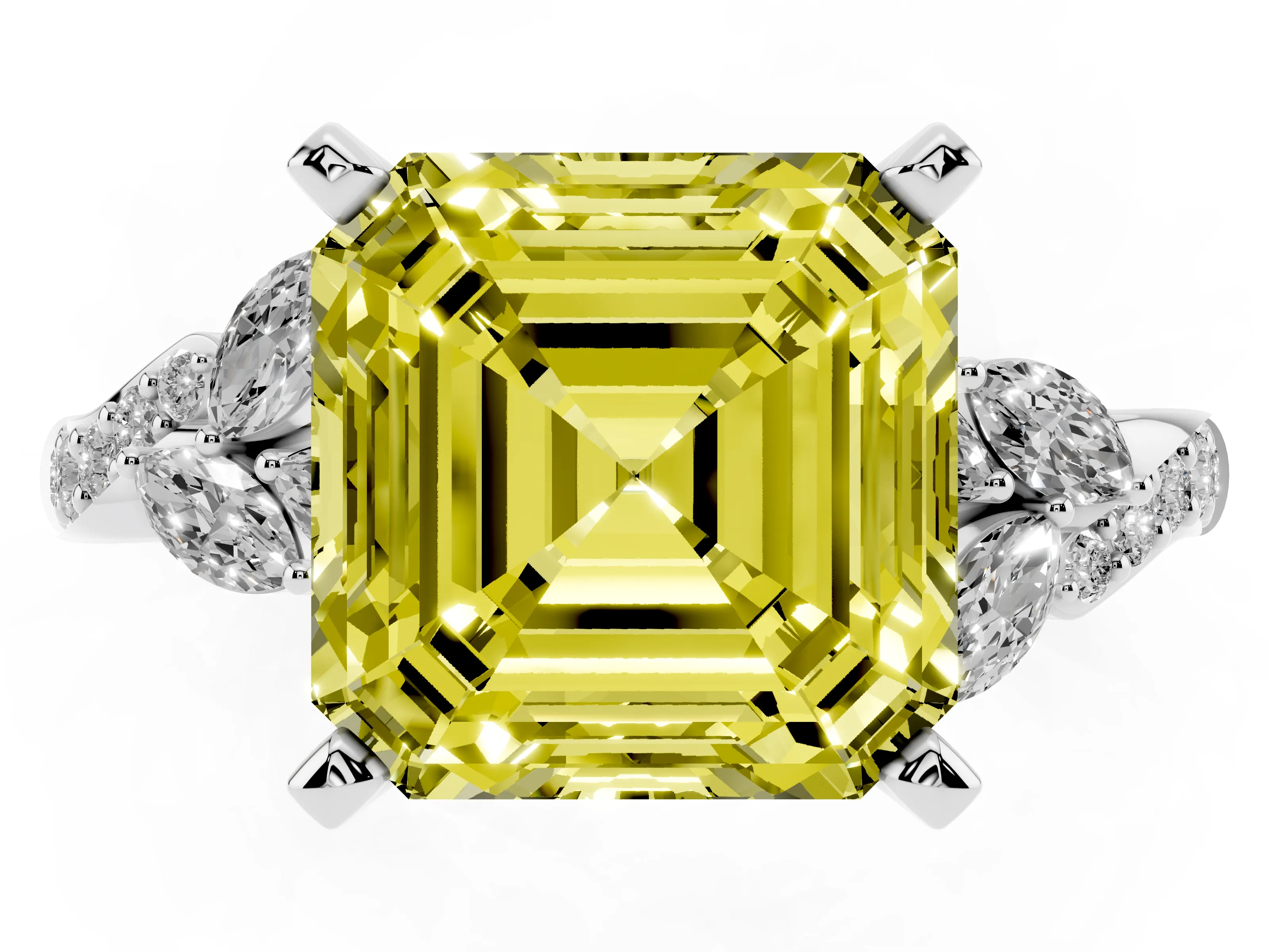 Fancy Yellow Asscher Cut Diamond Solitaire Ring Set in Platinum with Marquise Twist Band and Prong Setting