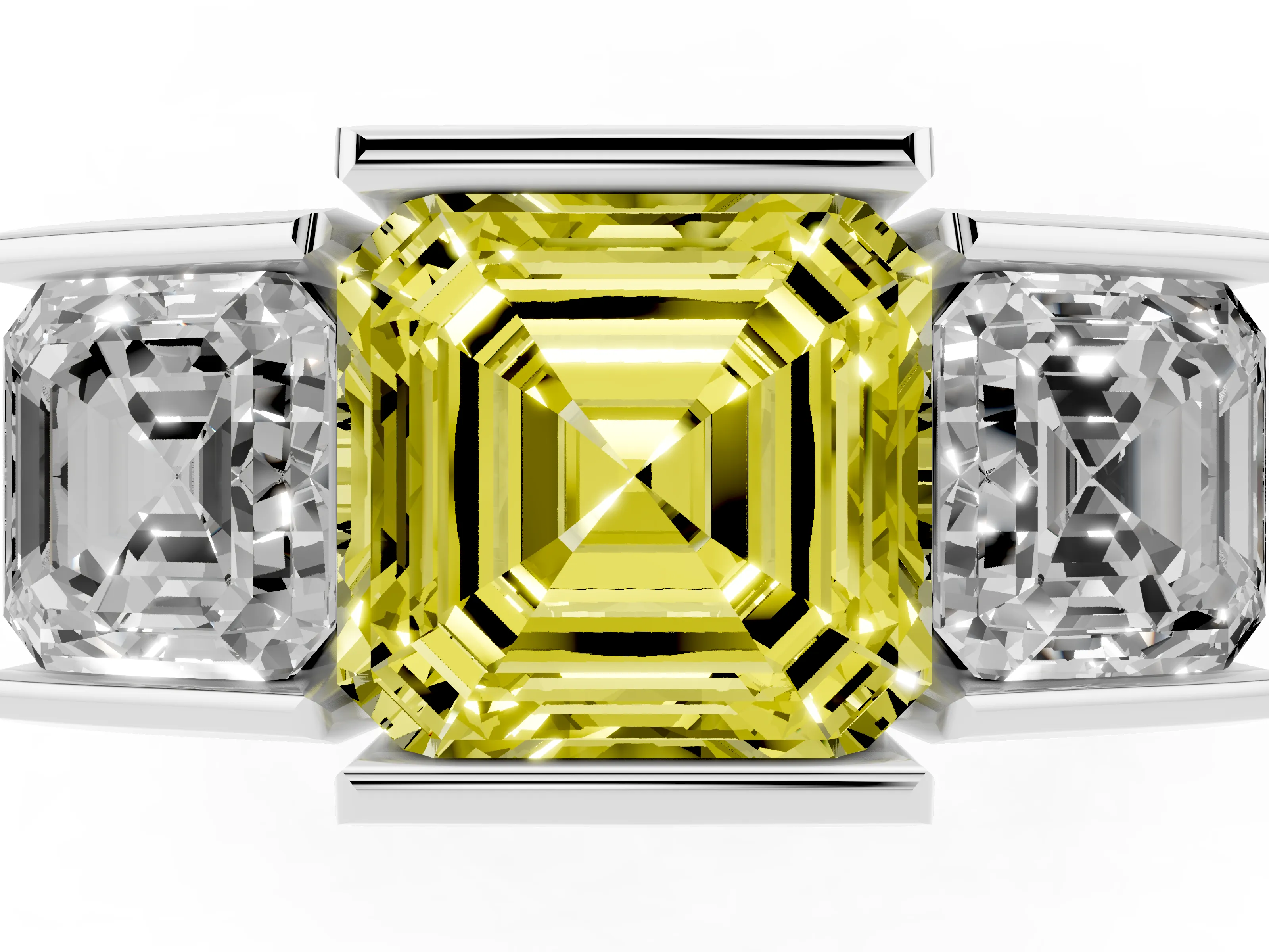 Fancy Yellow Asscher Cut Diamond Three-Stone Channel Set Ring Set in White gold with Smooth Polished Band