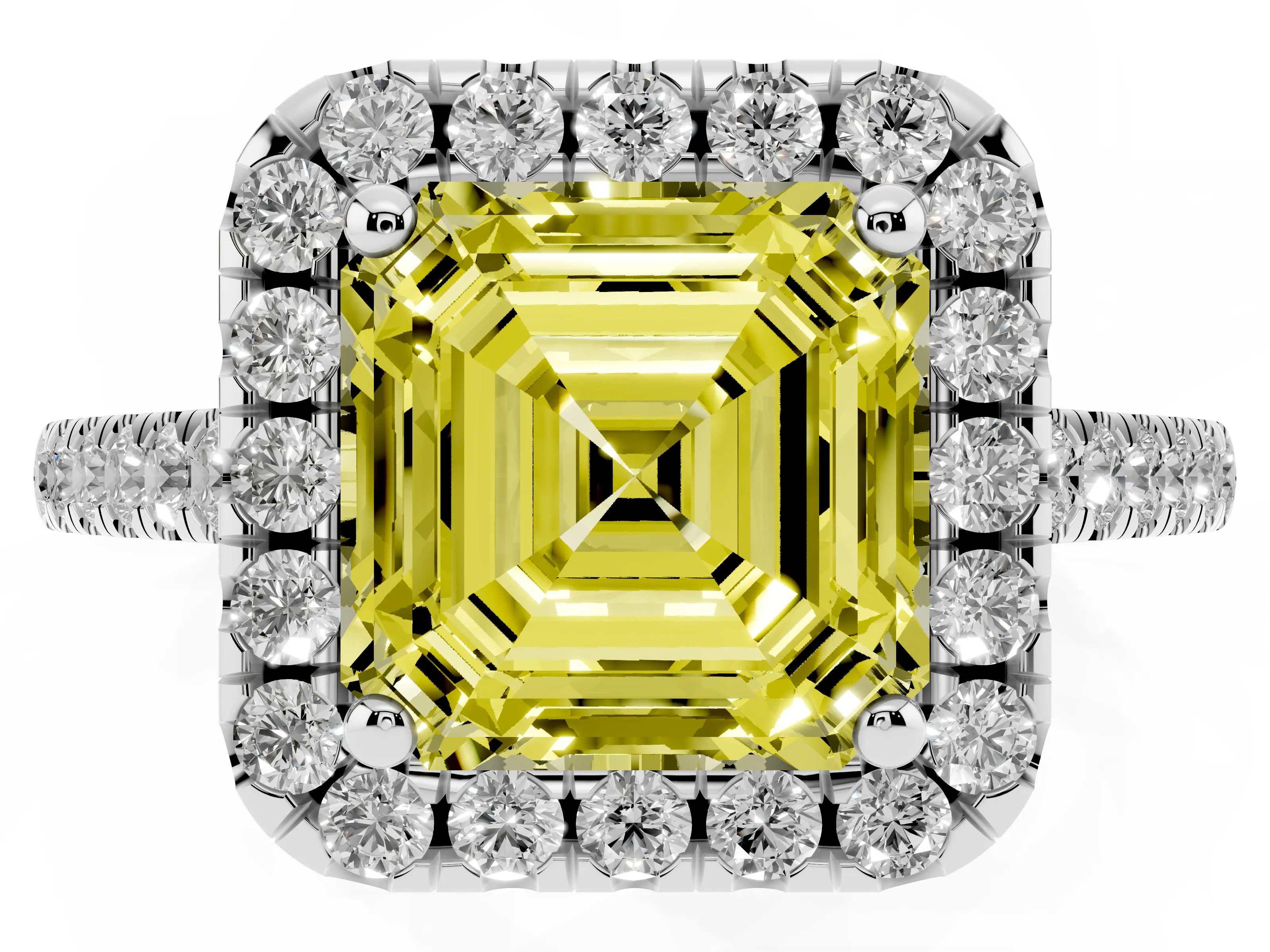Fancy Yellow Asscher Cut Diamond Pavé Halo Engagement Ring Set in White gold with Pavé Band and Prong Setting