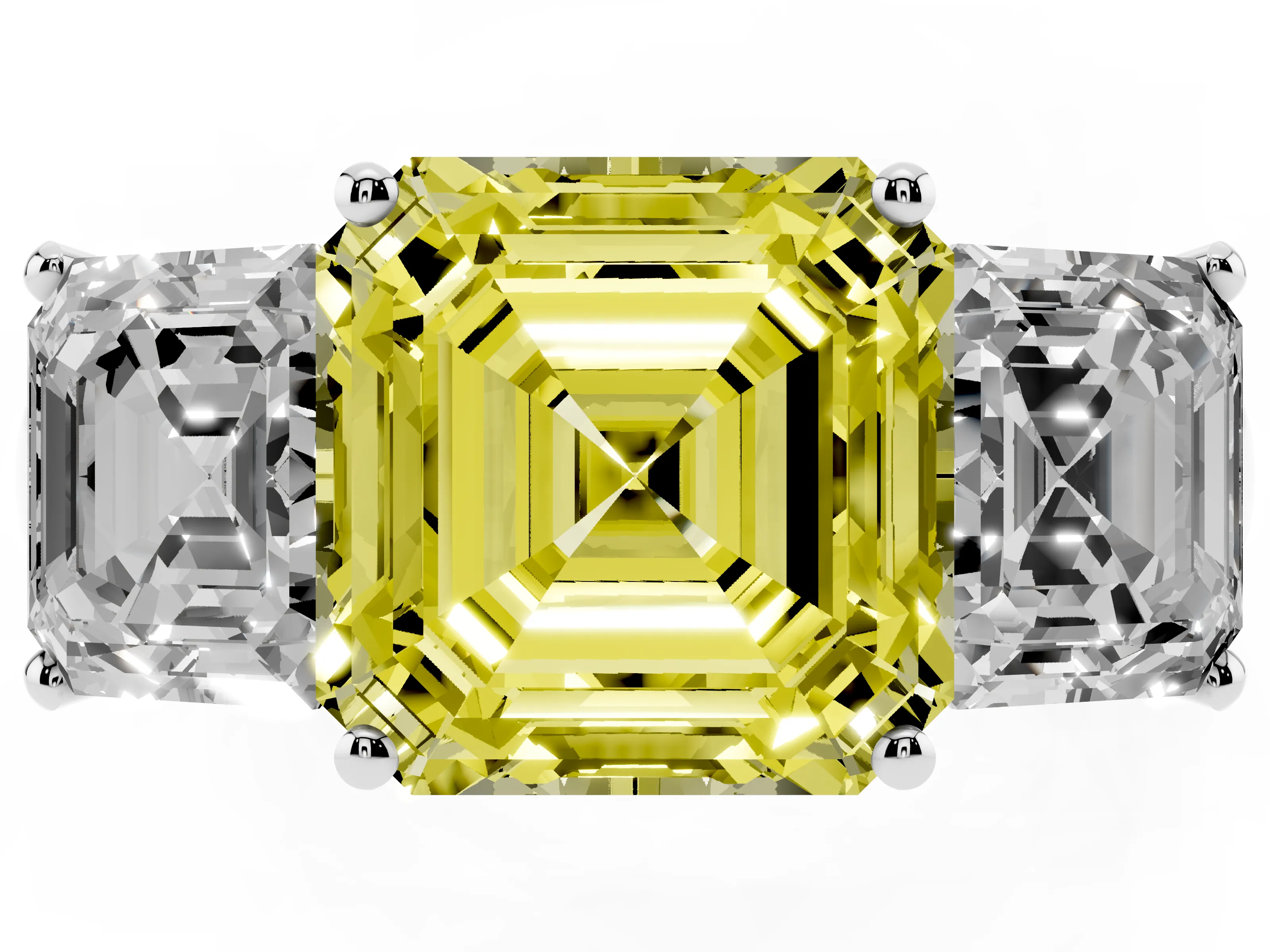 Fancy Yellow Asscher Cut Diamond Three-Stone Ring Set in Platinum with Classic Prong Setting and Plain Band