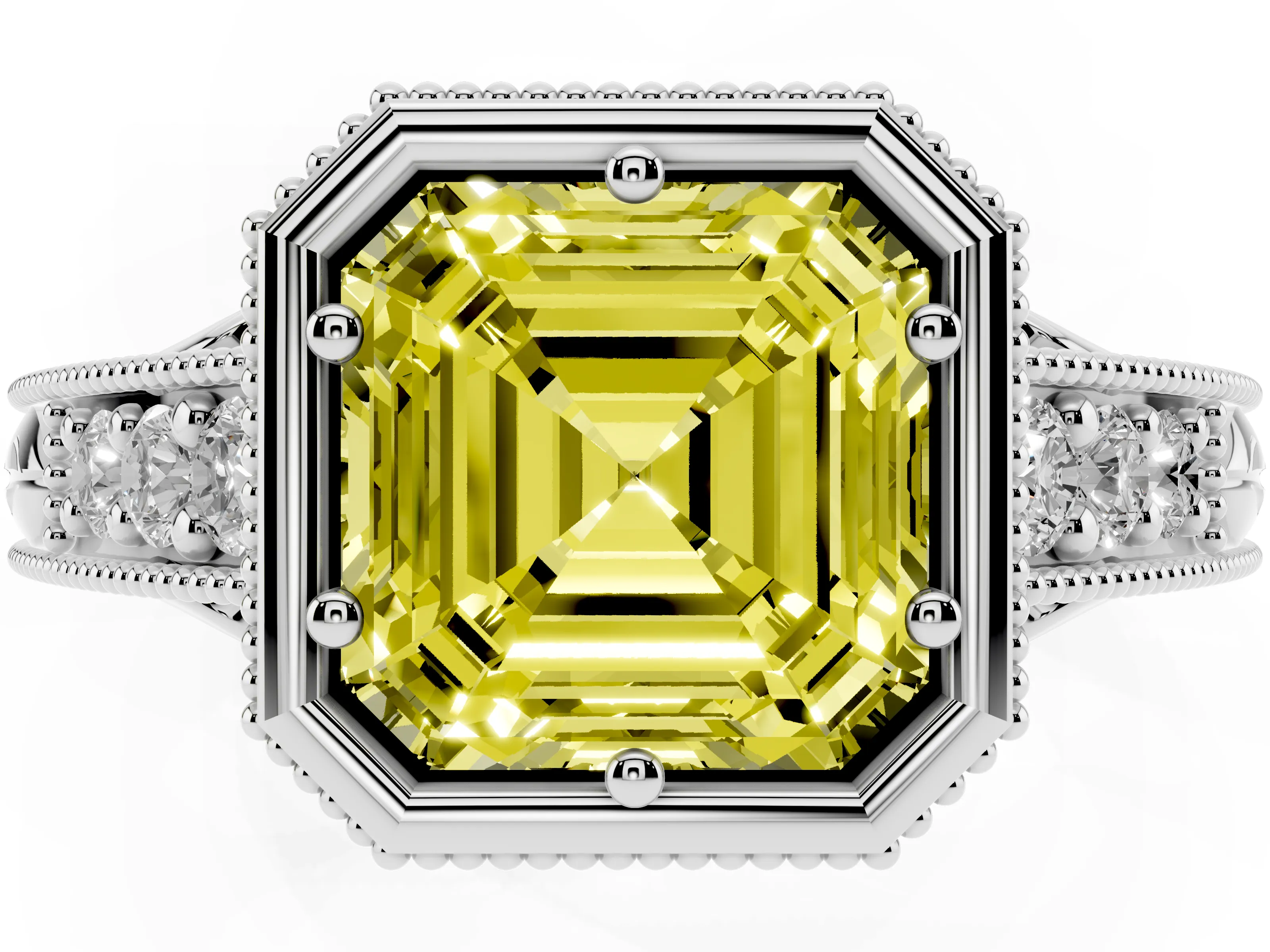 Fancy Yellow Bezel Set Asscher Cut Diamond Milgrain Pavé Engagement Ring Set in Silver