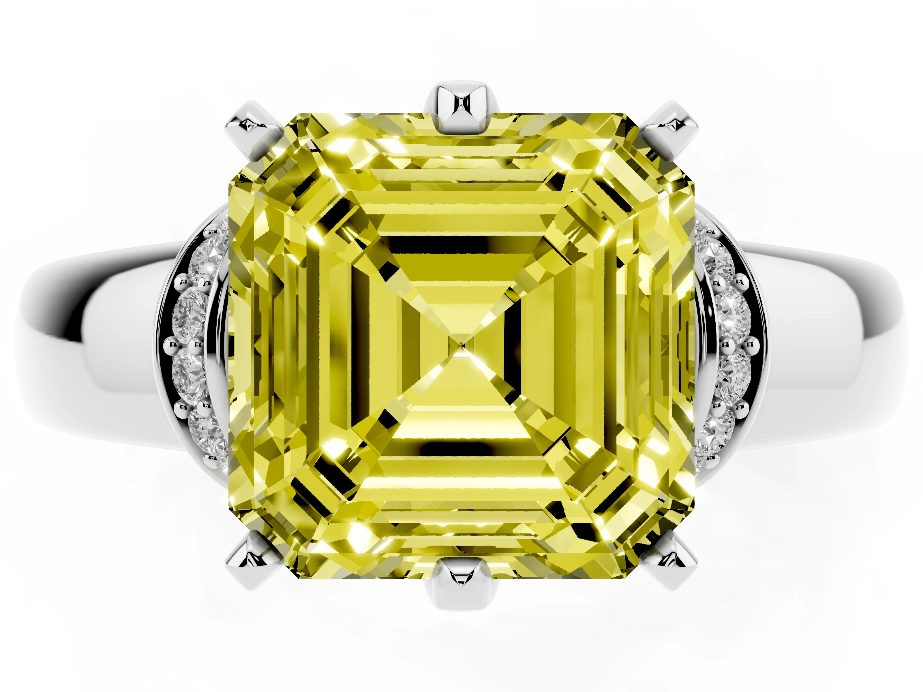 Fancy Yellow Asscher Cut Diamond Pavé Band Solitaire Ring Set in Silver with Prong Setting