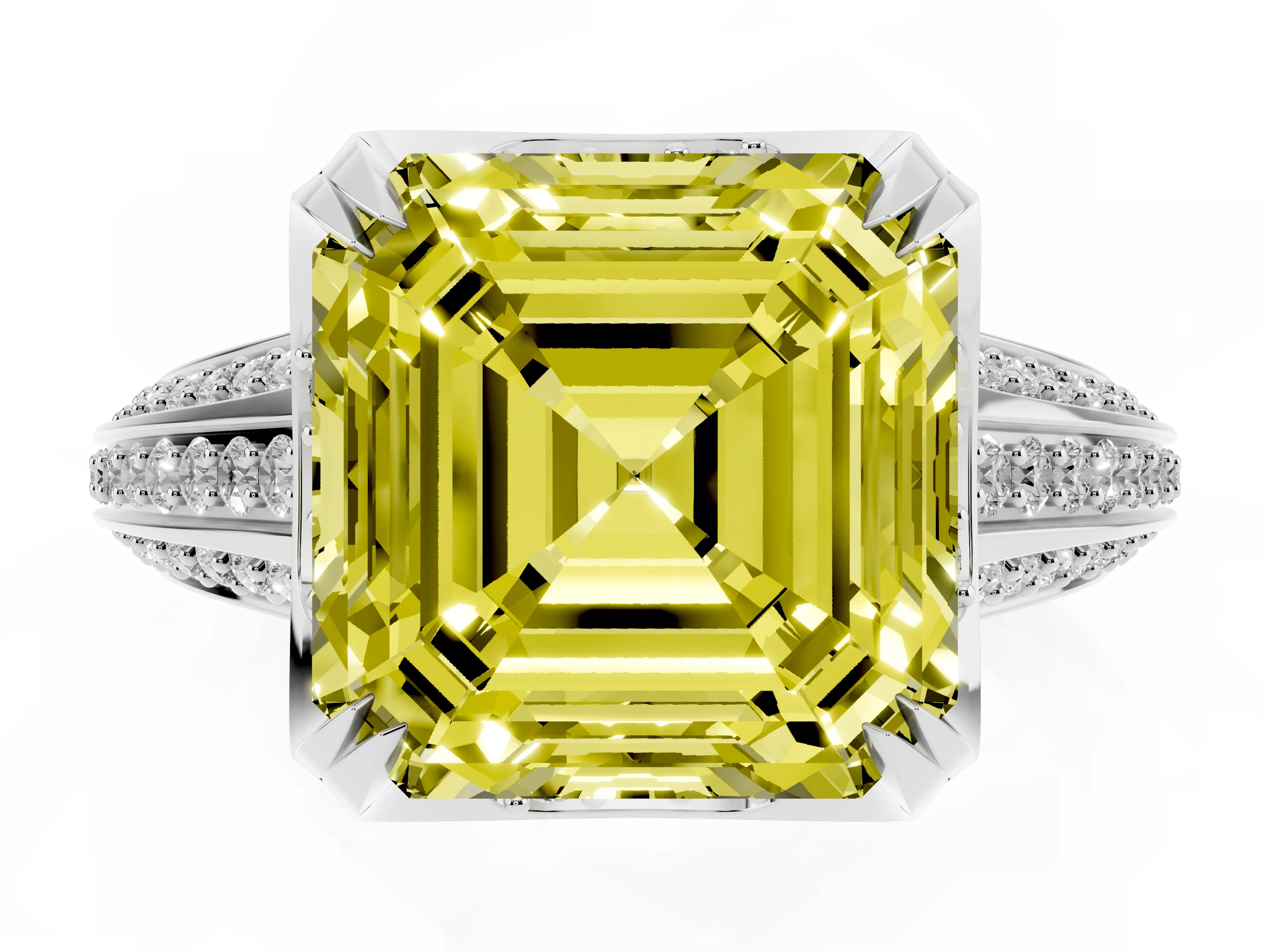 Fancy Yellow Asscher Cut Diamond Pavé Split Shank Solitaire Ring Set in Platinum with Prong Setting