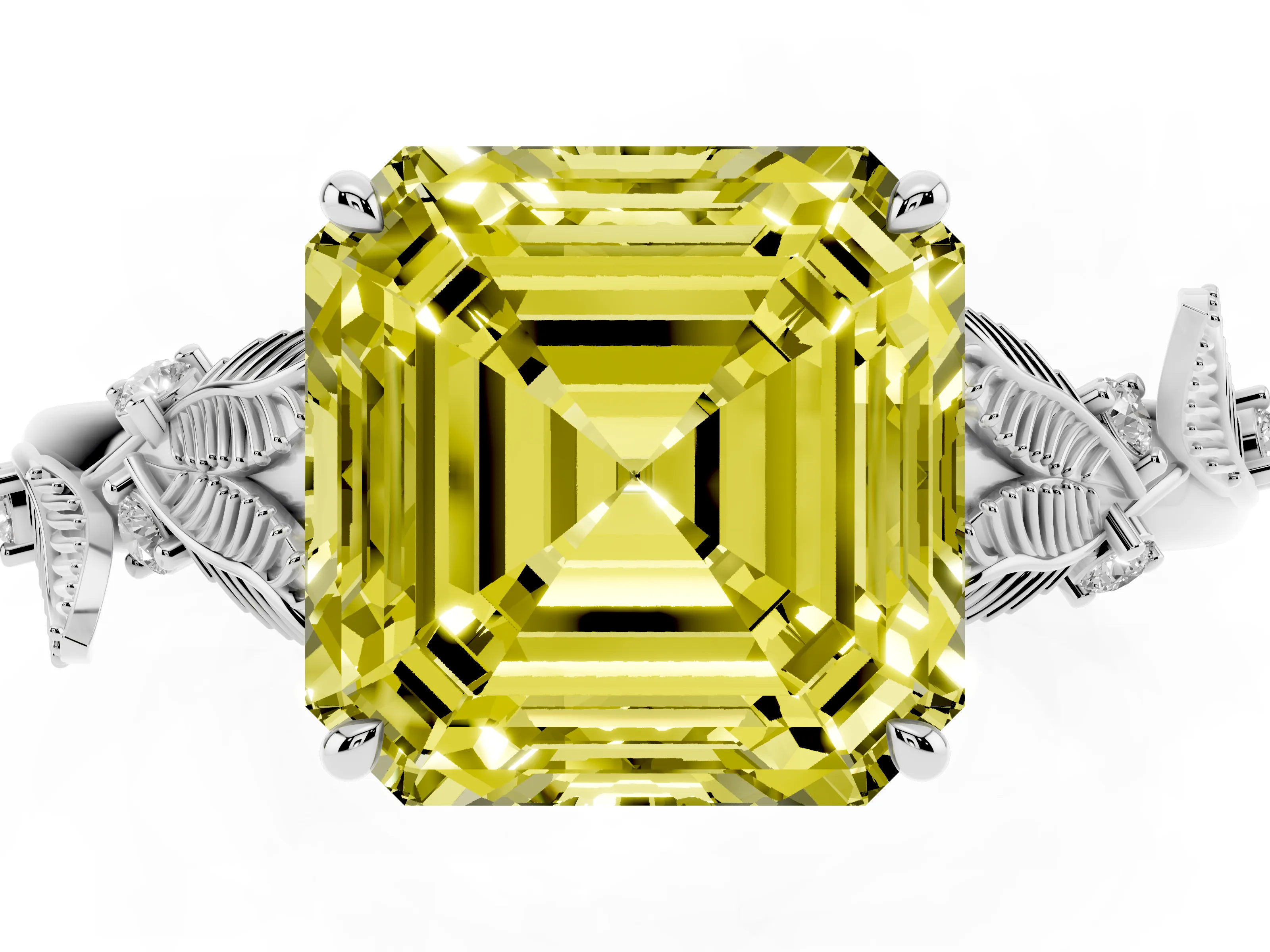 Fancy Yellow Asscher Cut Diamond Solitaire Ring Set in White gold with Leaf Motif Band