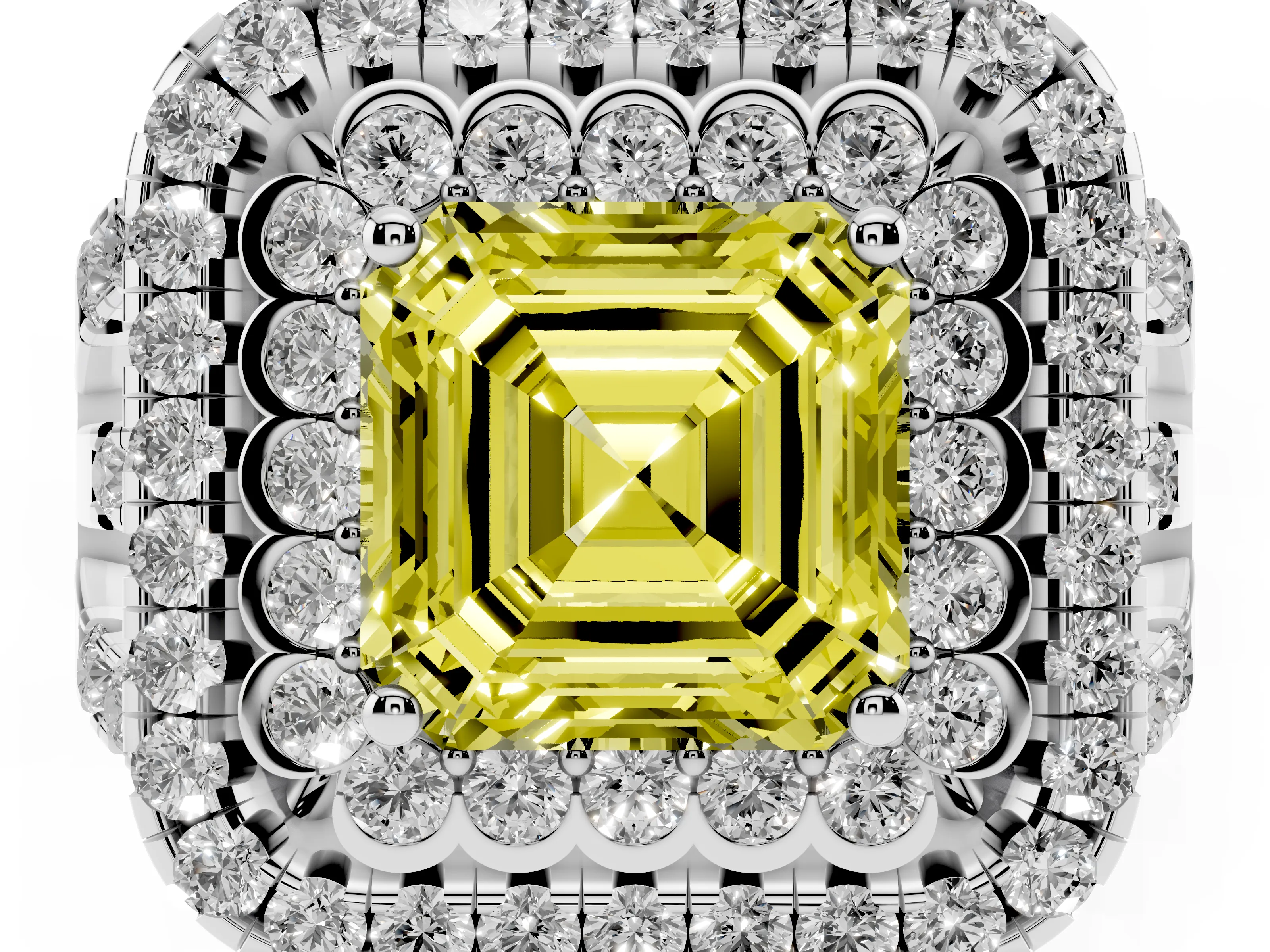 Fancy Yellow Asscher Cut Diamond Double Halo Ring Set in White gold with Round Pavé Split Shank