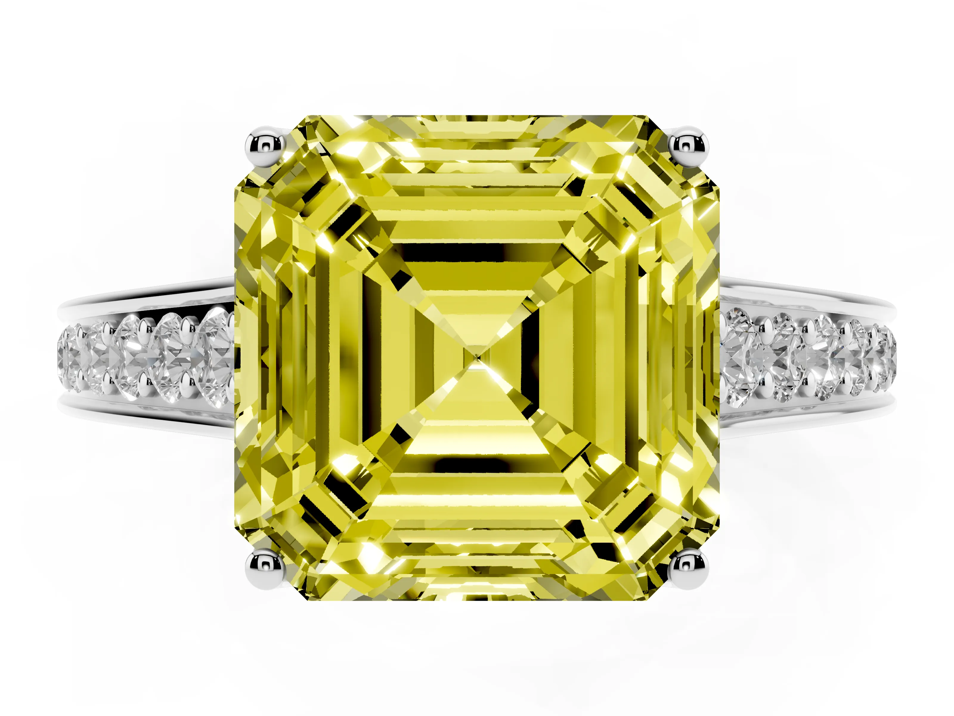 Fancy Yellow Asscher Cut Diamond Solitaire Pavé Engagement Ring Set in White gold with Prong Setting