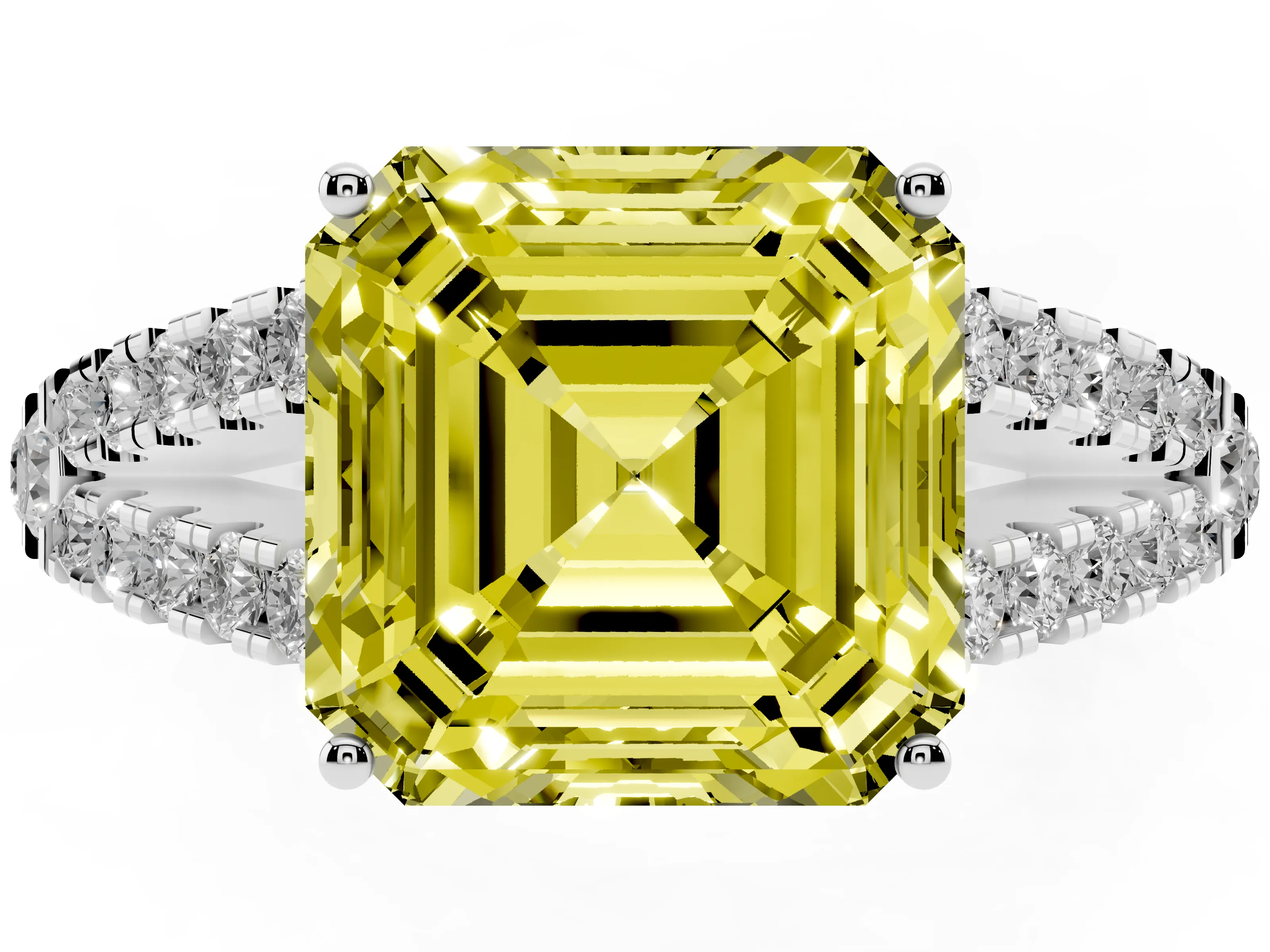 Fancy Yellow Asscher Cut Diamond Split Shank Pavé Engagement Ring Set in White gold with Prong-Held Center Stone