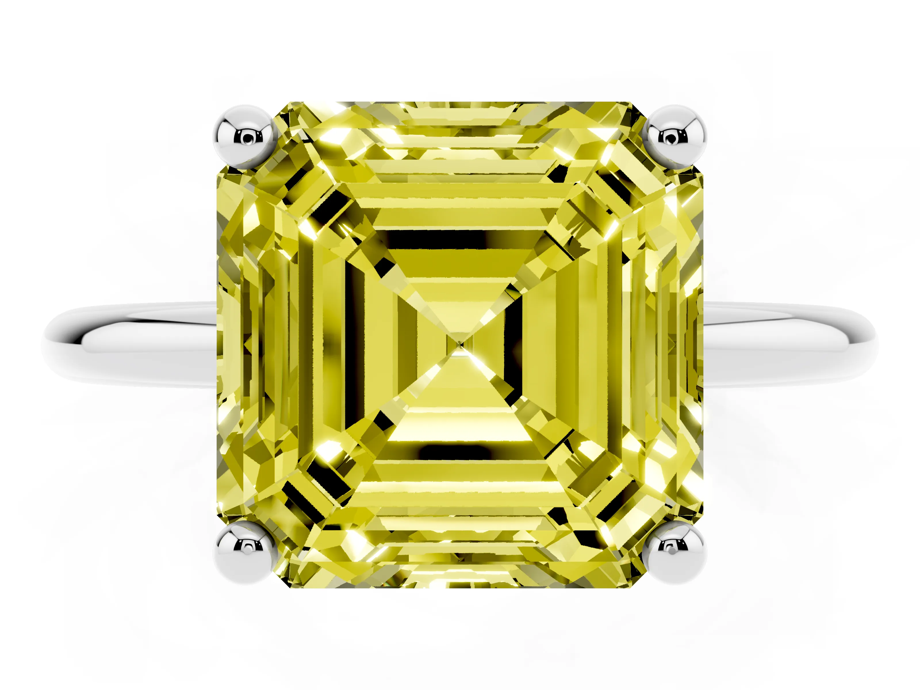 Fancy Yellow Asscher Cut Diamond Solitaire Ring Set in Platinum with Secure Prong Setting on a Classic Band