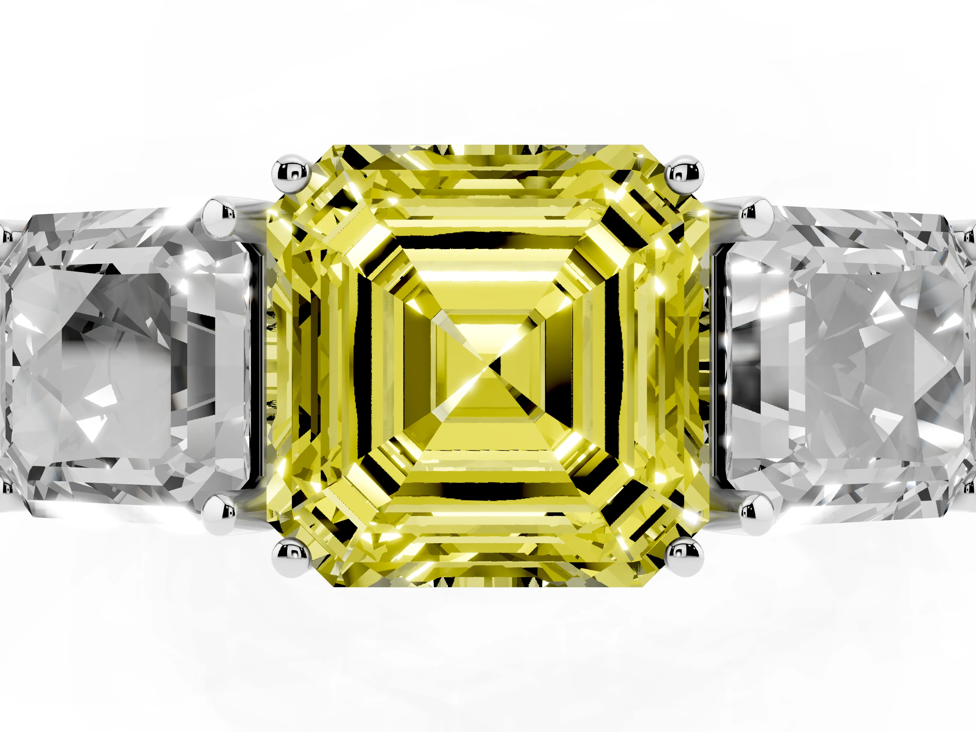 Fancy Yellow Asscher Cut Diamond Three-Stone Engagement Ring Set in Silver with Milgrain Pavé Band