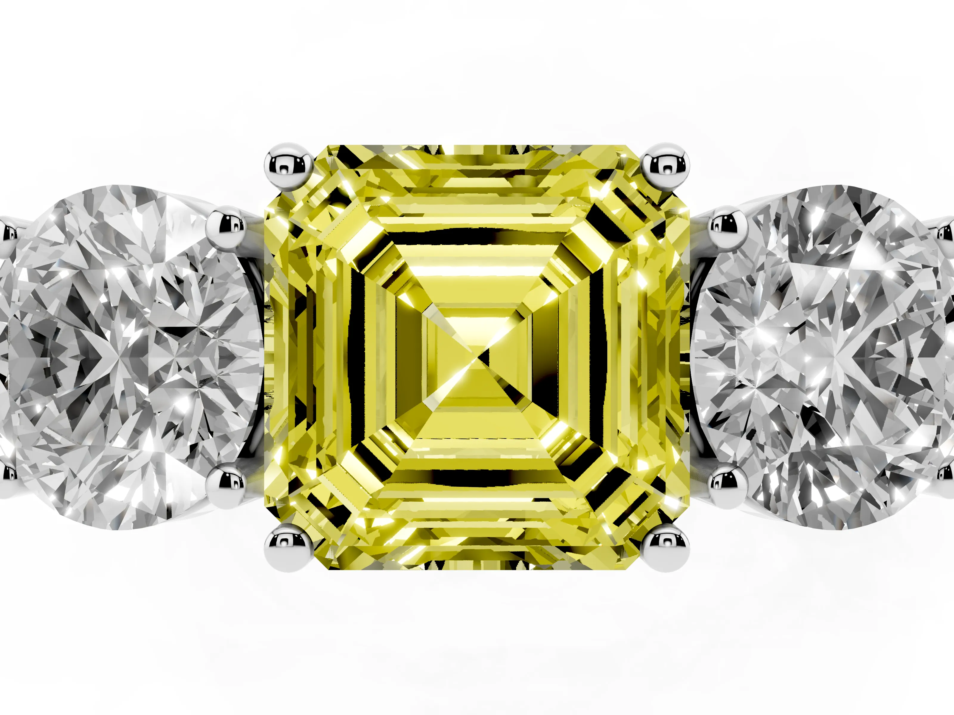 Fancy Yellow Asscher Cut Diamond Three-Stone Ring Set in Platinum with Channel-Set Accent Band