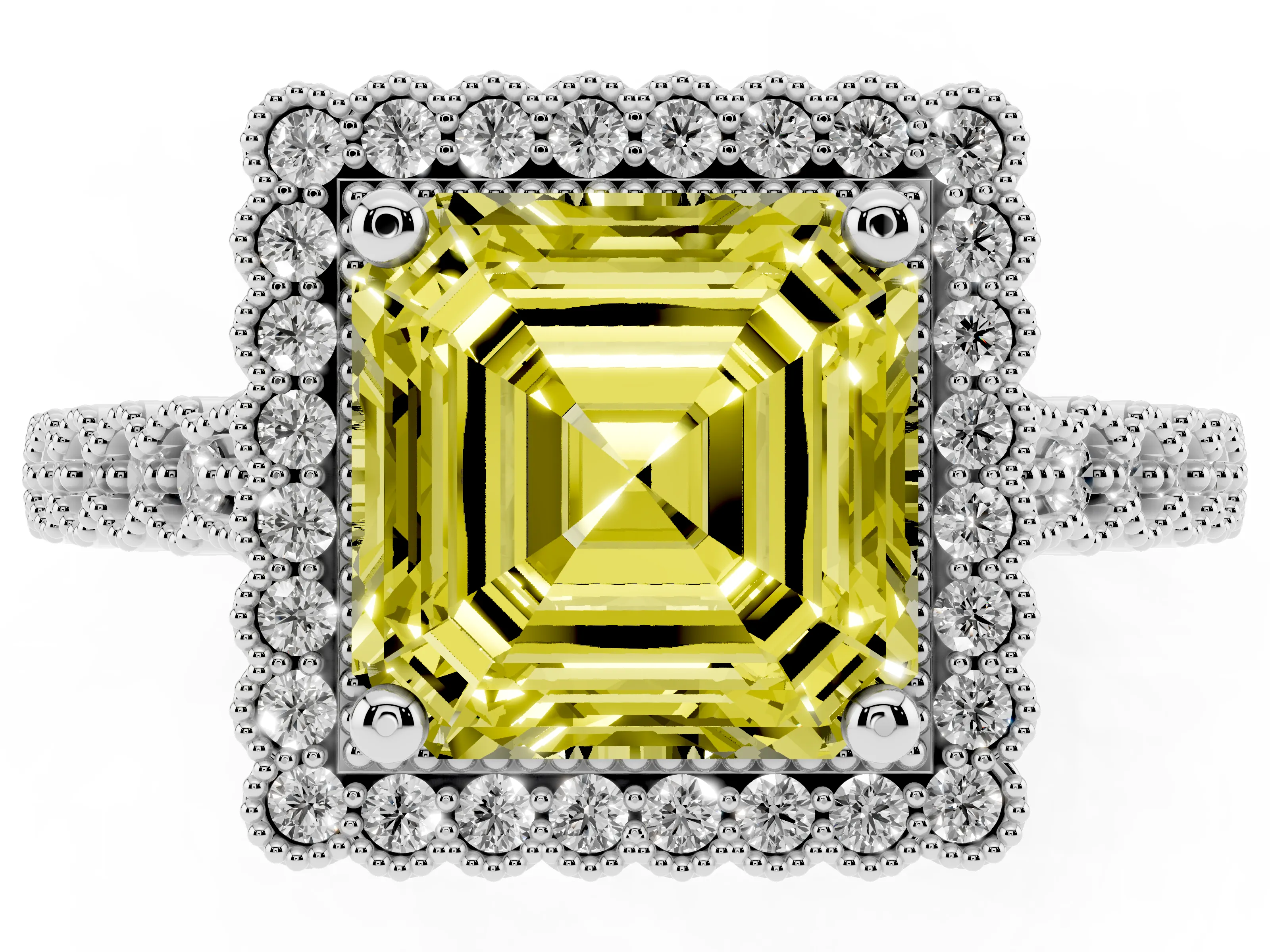 Fancy Yellow Asscher Cut Diamond Halo Ring Set in Platinum with Pavé Milgrain Band