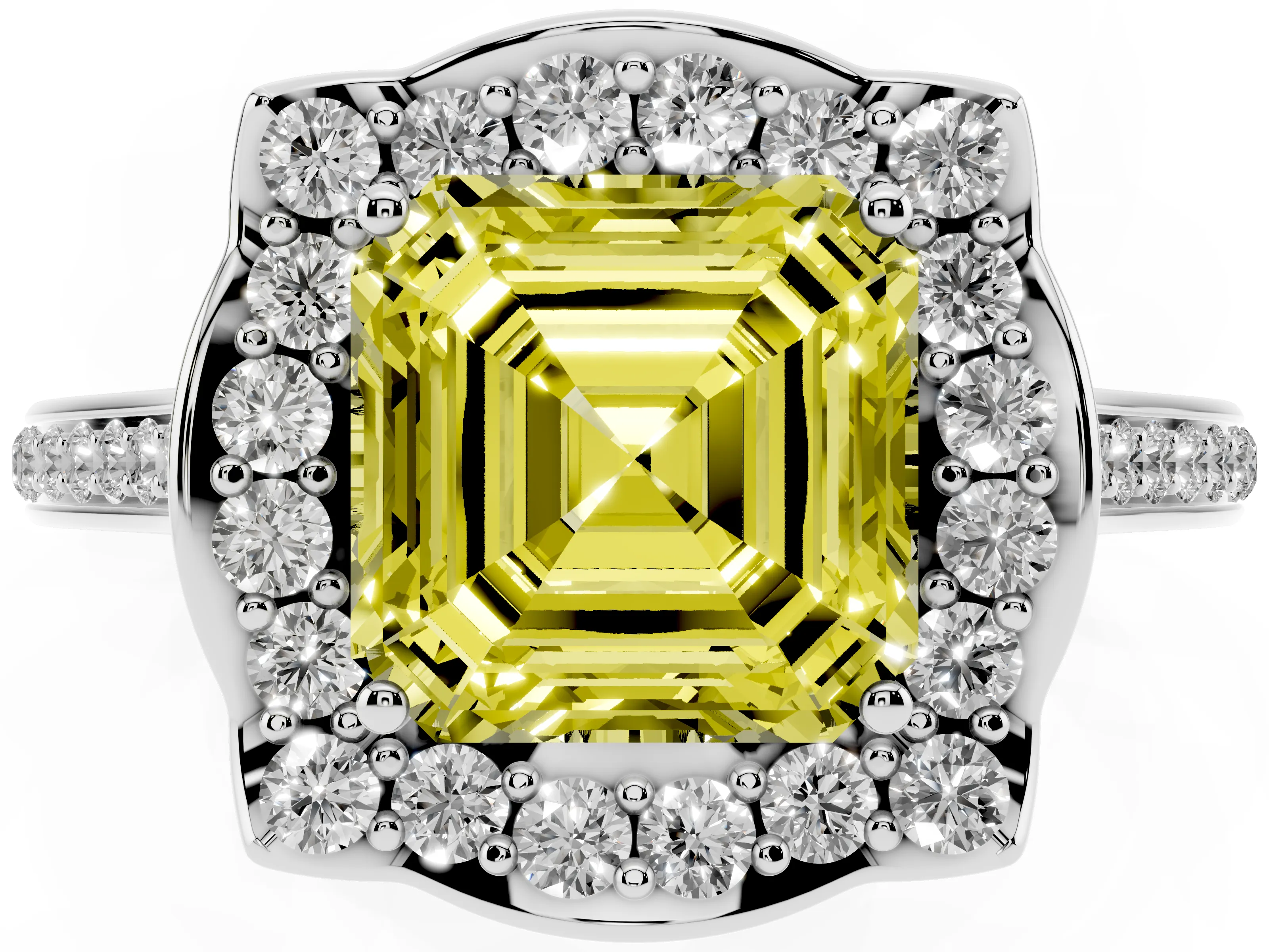 Fancy Yellow Asscher Cut Diamond Halo Ring Set in Platinum with Pavé-Lined Shoulders and Prong Setting