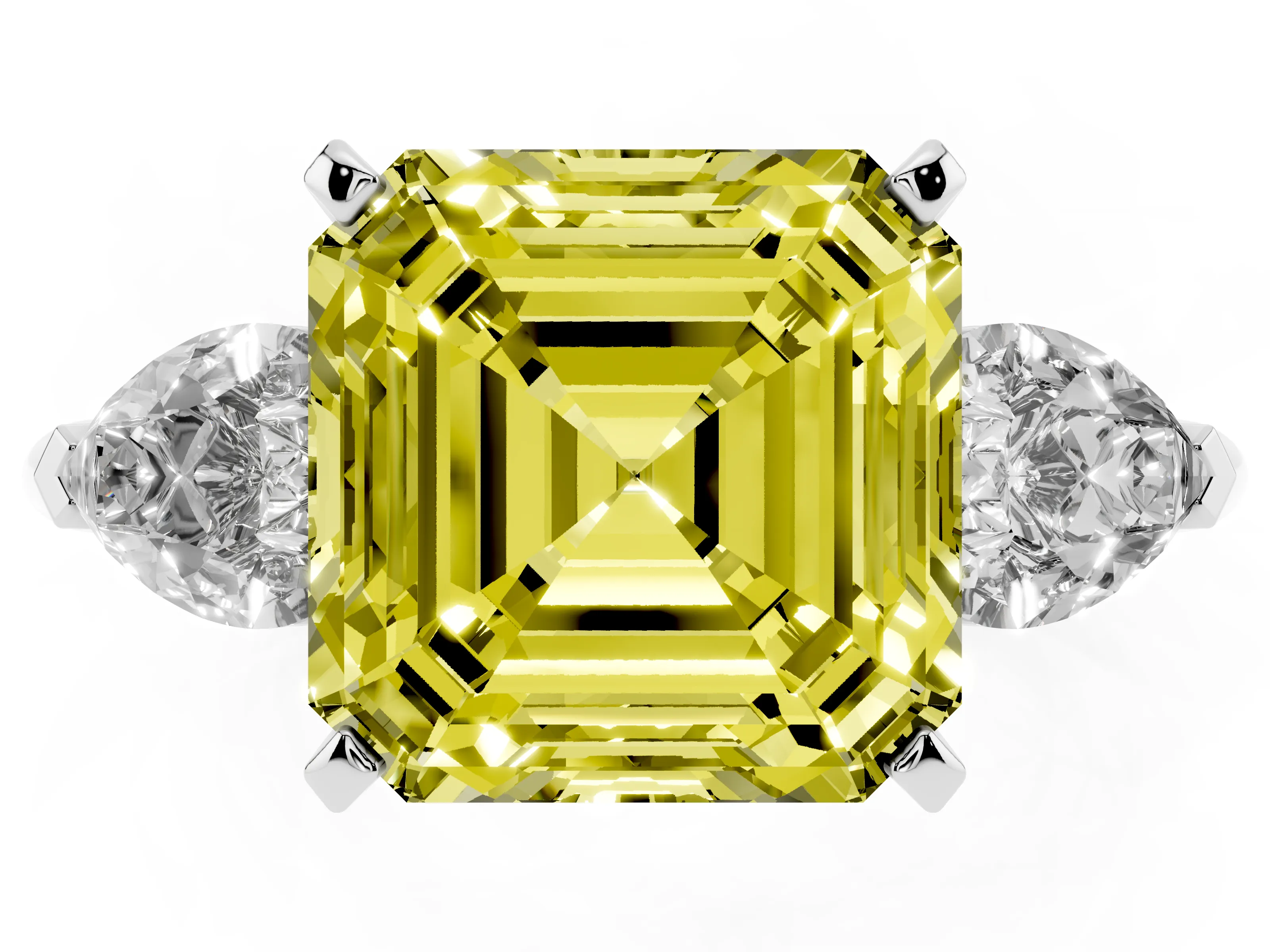 Fancy Yellow Three-Stone Asscher Cut Diamond Ring Set in White gold with Pear Side Stones and Prong Setting