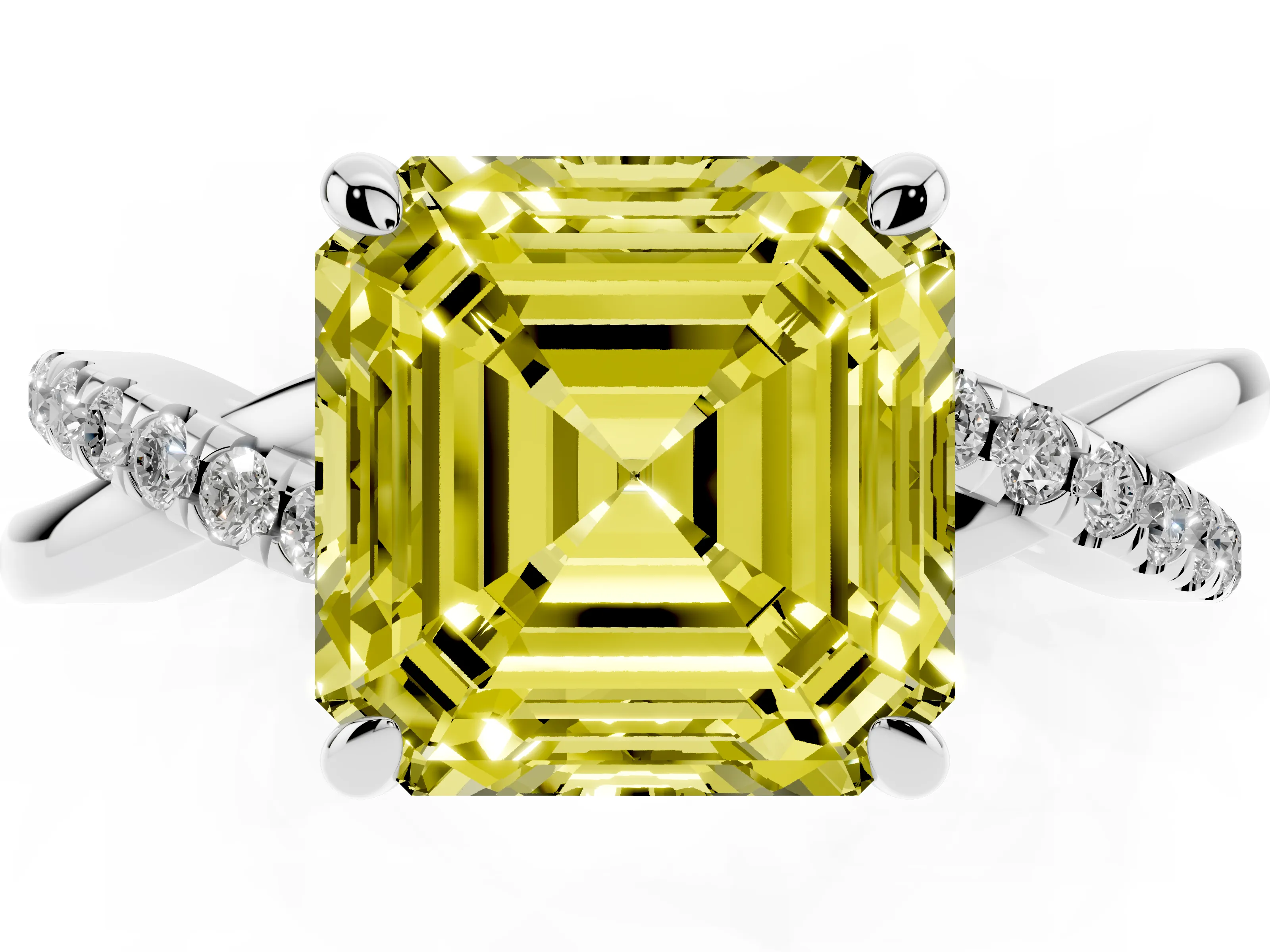 Fancy Yellow Asscher Cut Diamond Twist Band Pavé Solitaire Ring Set in White gold with Prong Setting