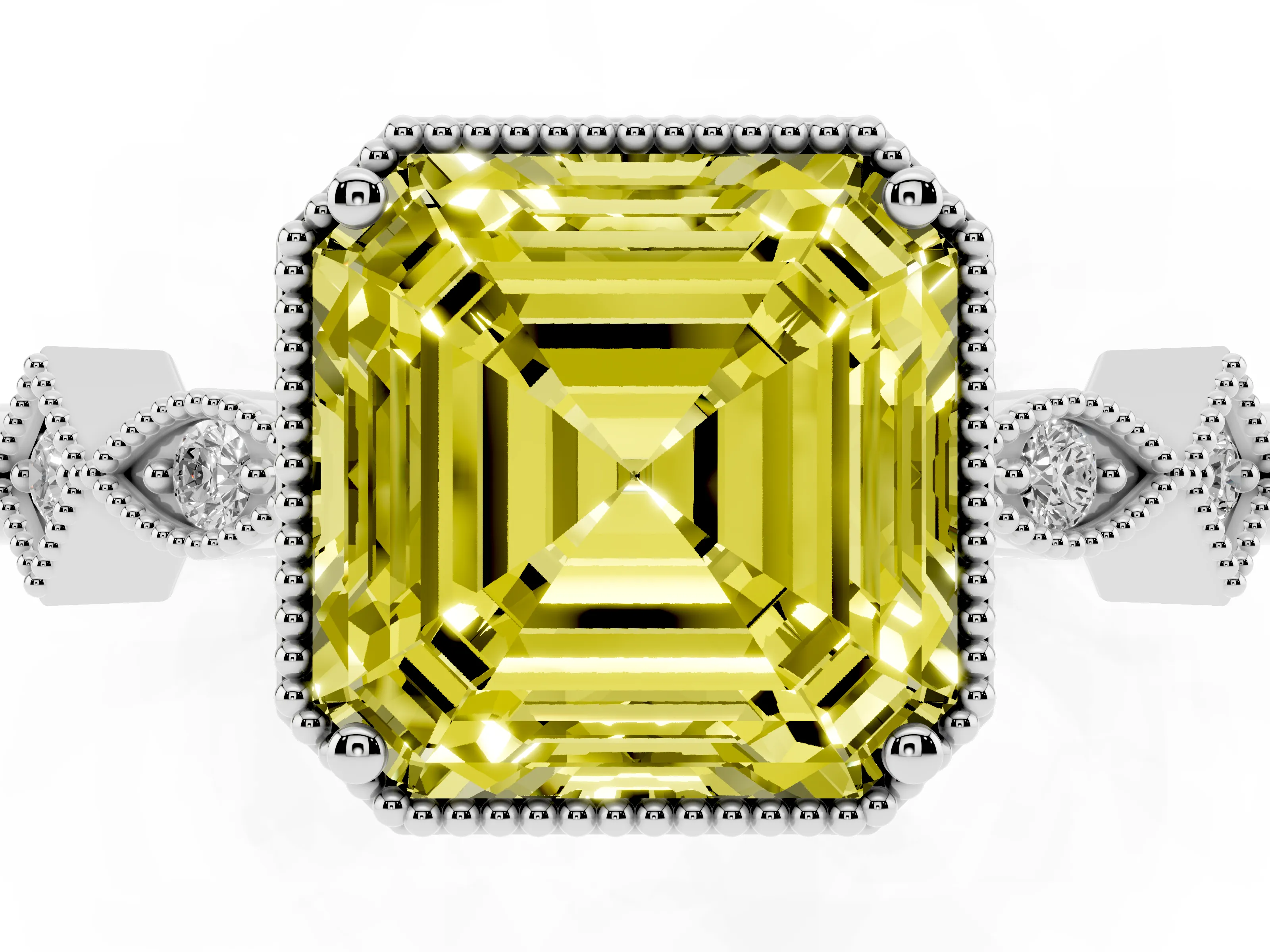 Fancy Yellow Asscher Cut Diamond Milgrain Marquise Twist Band Ring Set in Silver with Prong Setting