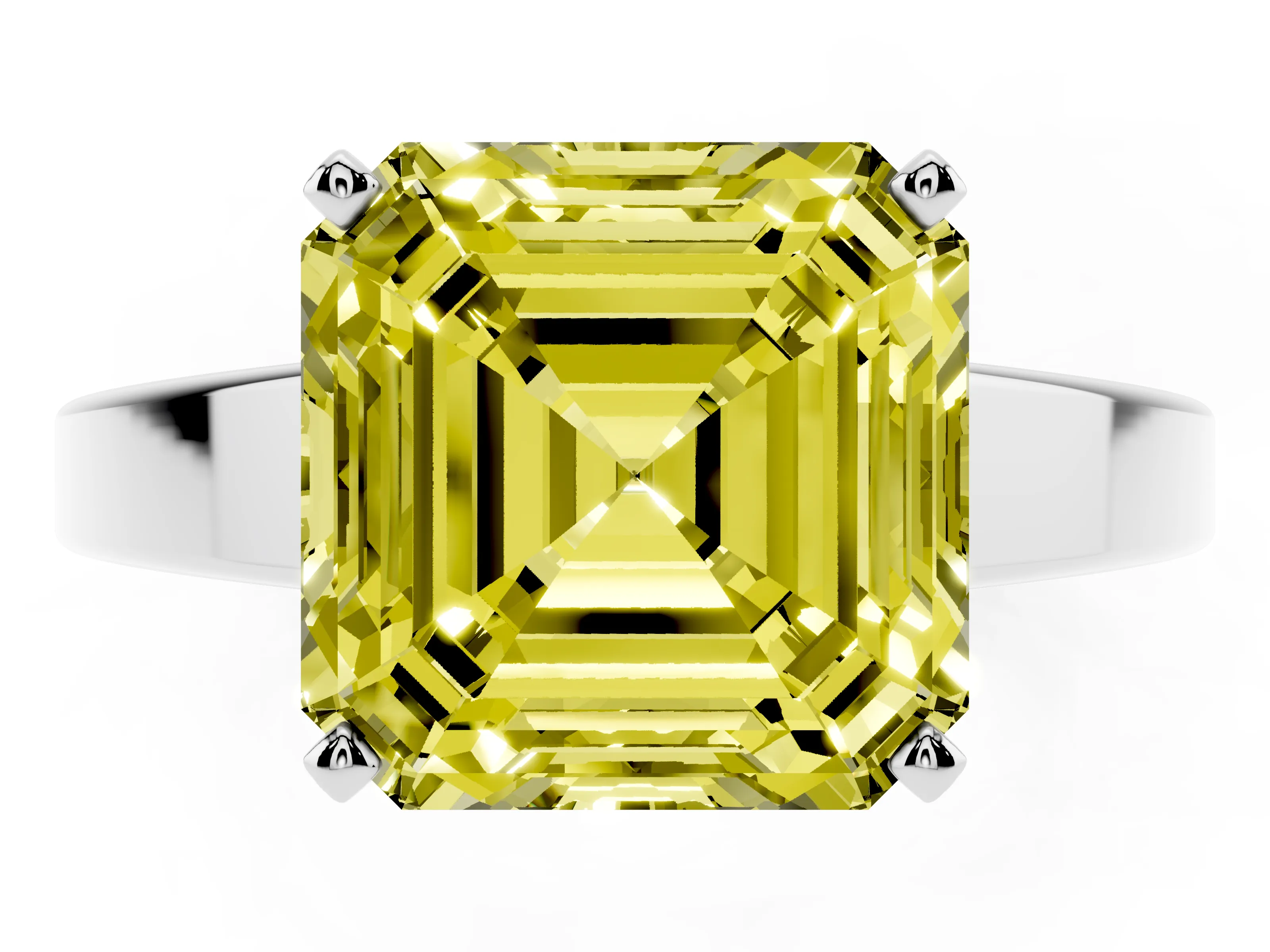 Fancy Yellow Asscher Cut Diamond Solitaire Engagement Ring Set in White gold with Prong Setting and Tapered Band