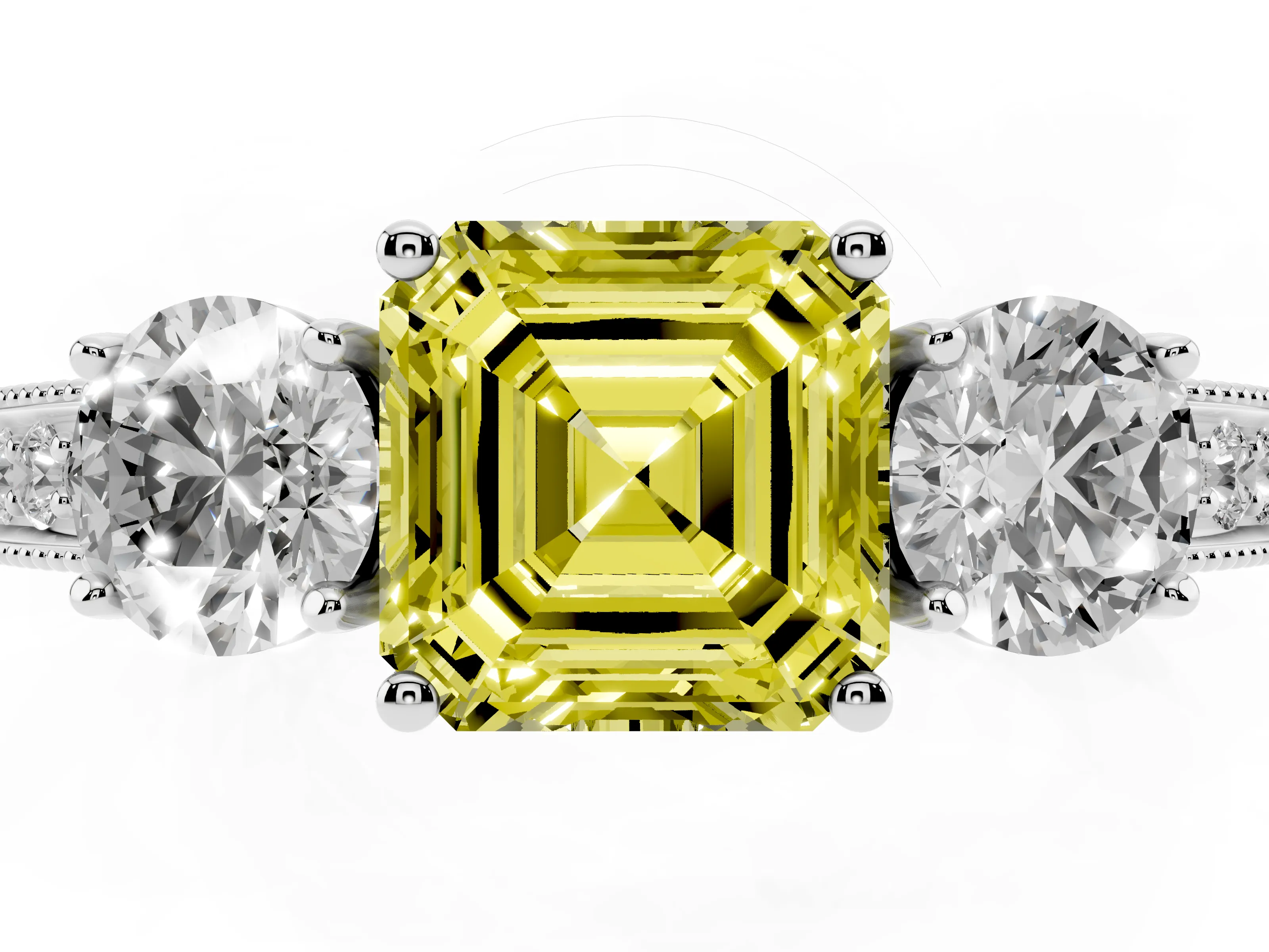 Fancy Yellow Asscher Cut Diamond Three-Stone Ring Set in White gold with Round Side Stones and Pavé Band