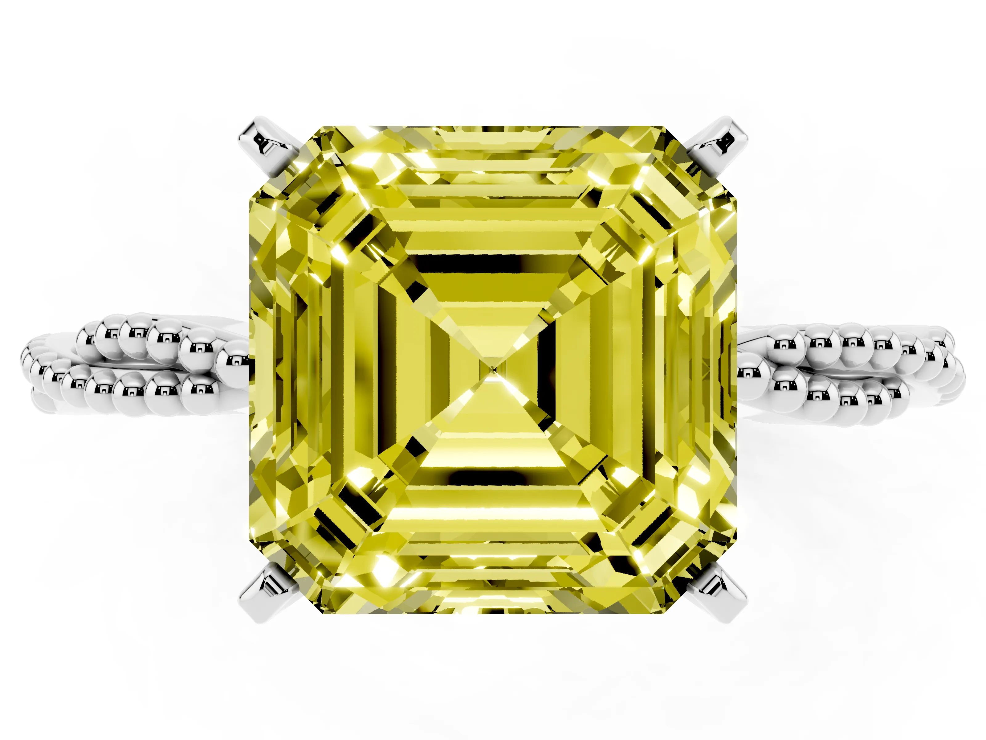 Fancy Yellow Asscher Cut Diamond Solitaire Ring Set in Platinum with Twisted Band and Bead Prong Setting