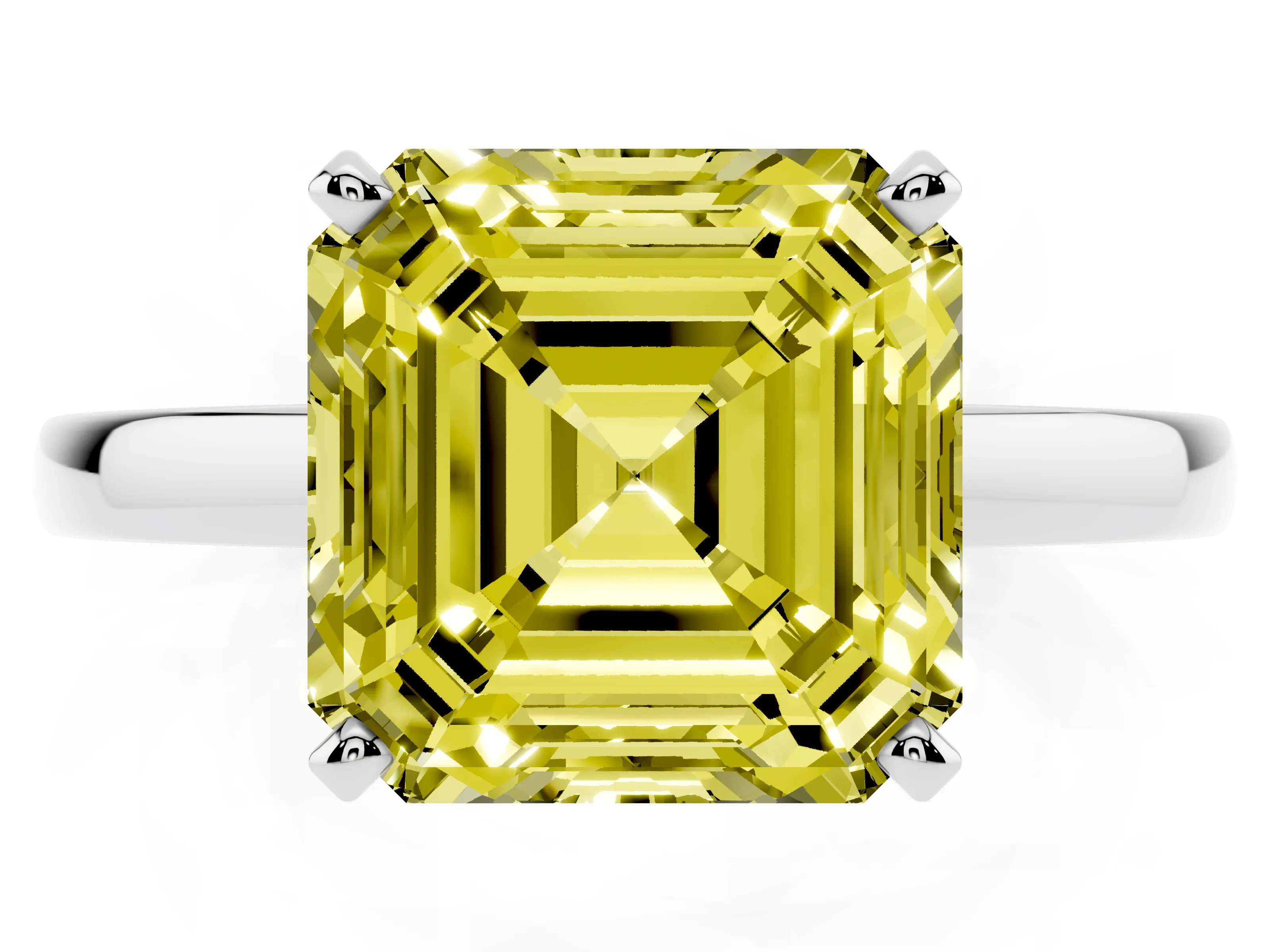 Fancy Yellow Asscher Cut Diamond Solitaire Engagement Ring Set in Platinum with Prong Setting on a Classic Band