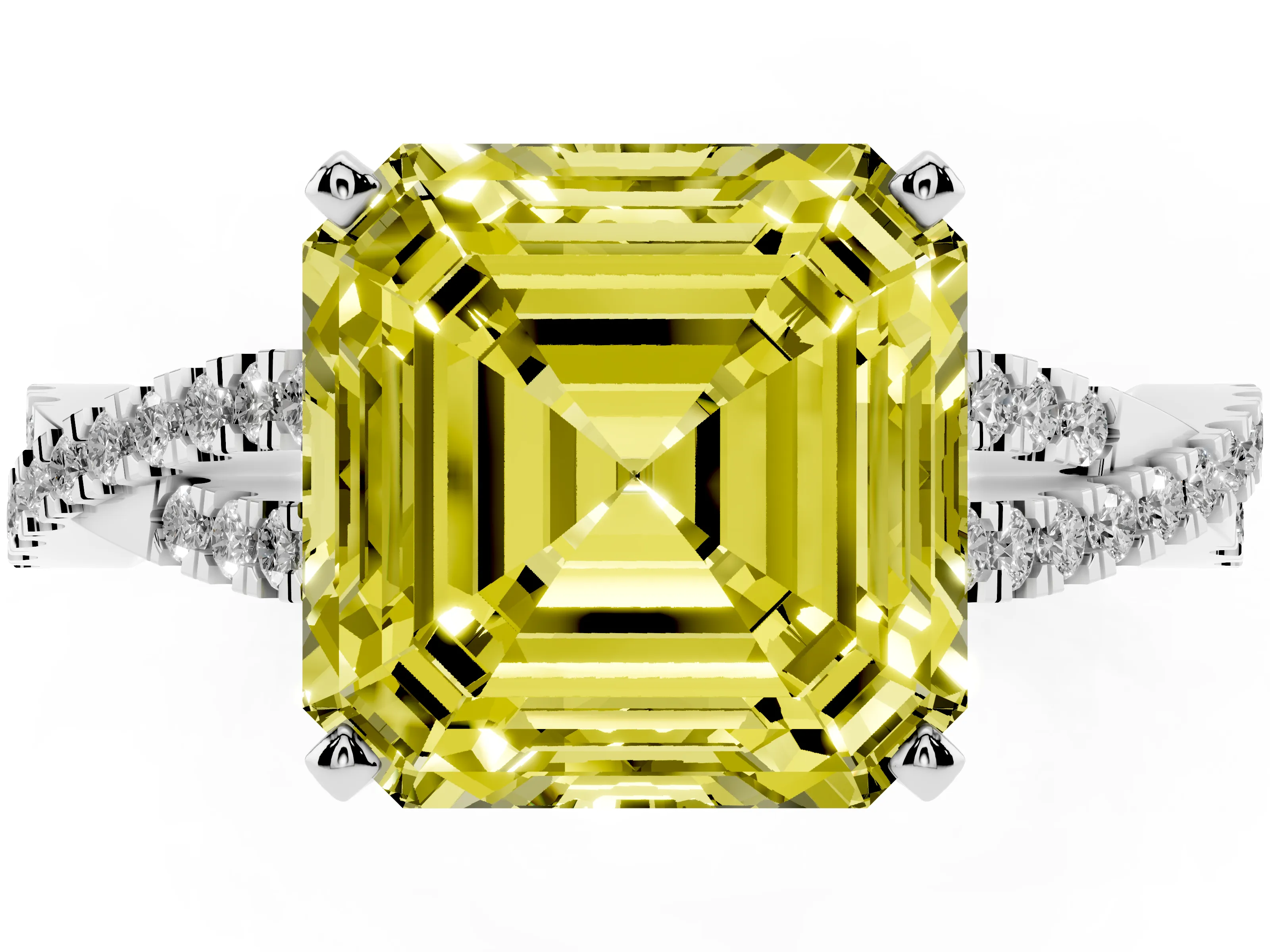 Fancy Yellow Asscher Cut Diamond Solitaire Engagement Ring Set in White gold with Twisted Pavé Band and Prong Setting