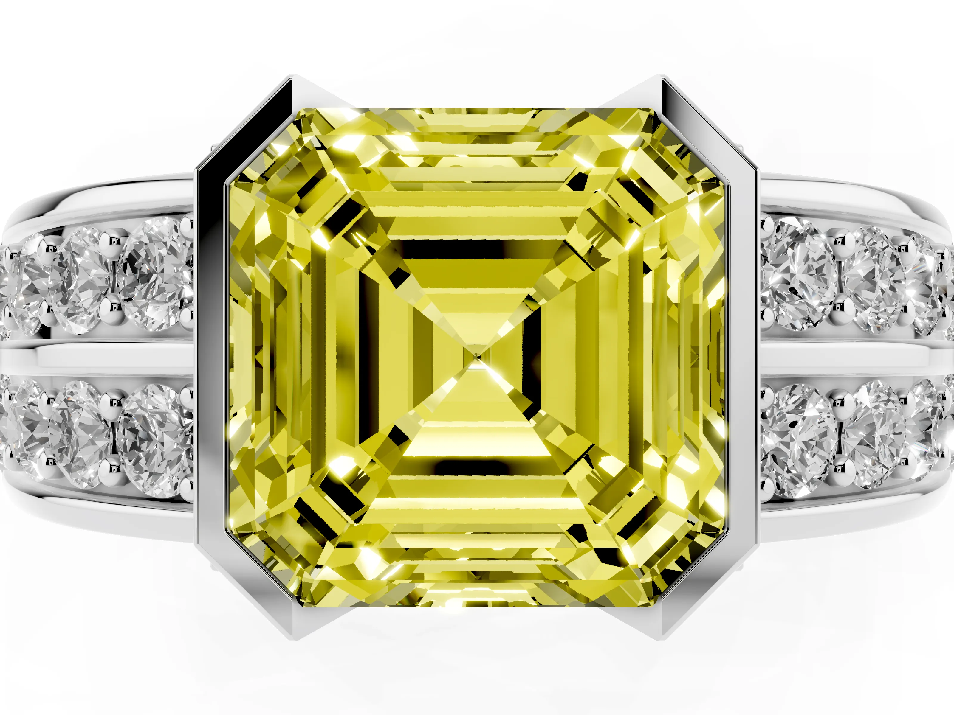Fancy Yellow Asscher Cut Diamond Wide Channel Set Band Ring Set in Platinum with Bezel Setting