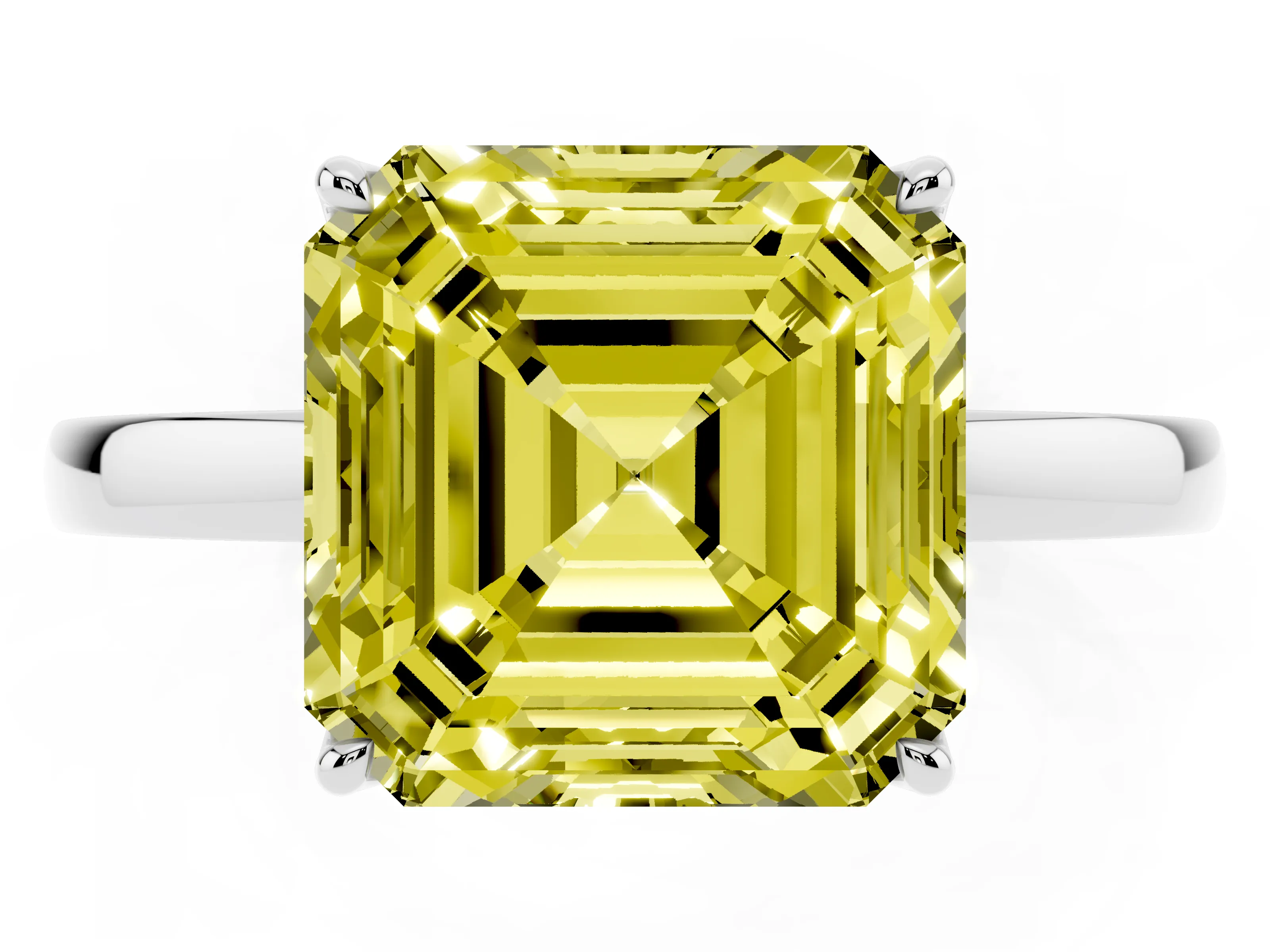 Fancy Yellow Asscher Cut Diamond Solitaire Ring Set in Platinum with Prong Setting and Thin Polished Band