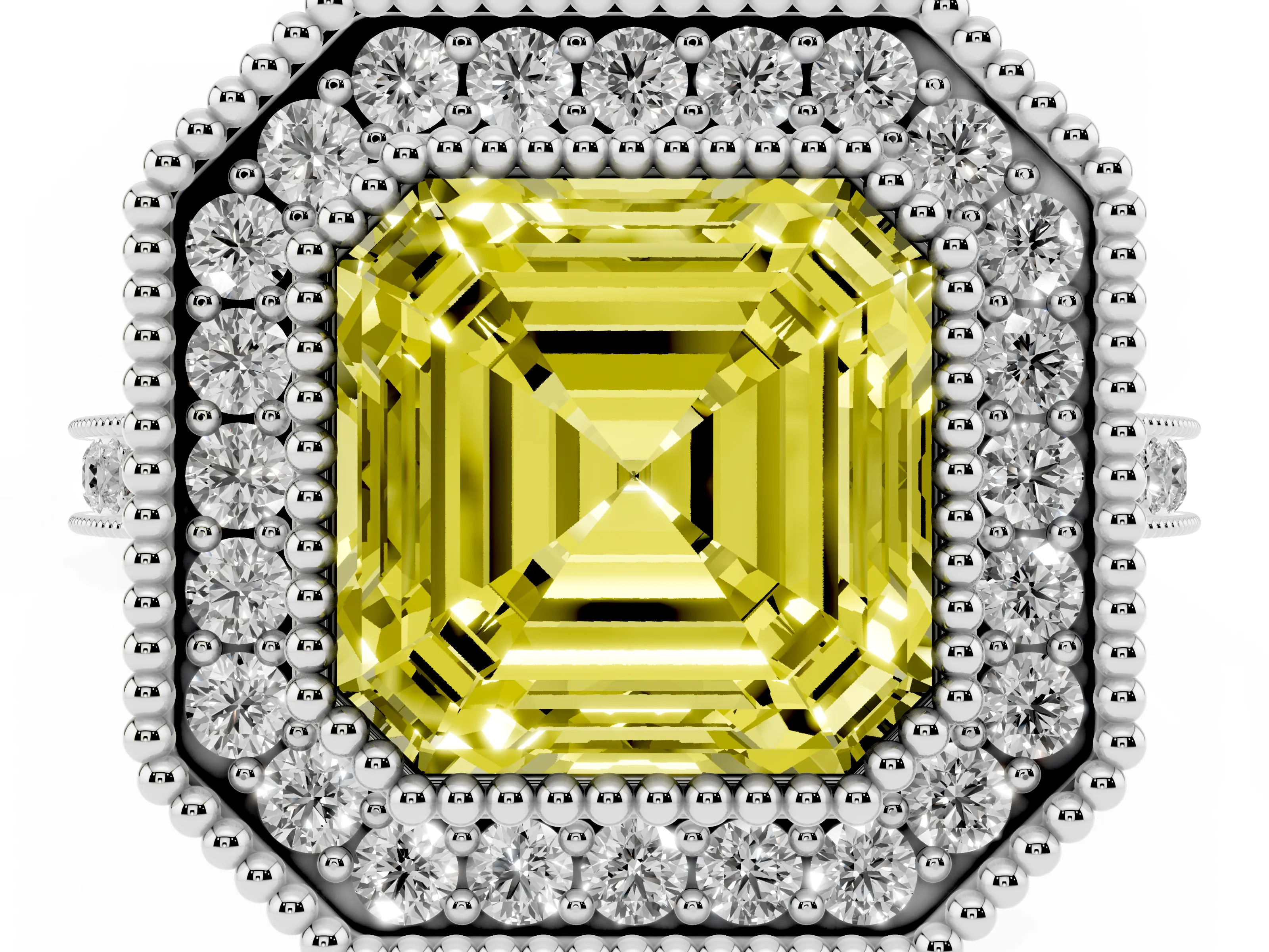 Fancy Yellow Asscher Cut Diamond Halo Ring Set in Silver with Milgrain Frame and Pavé Band