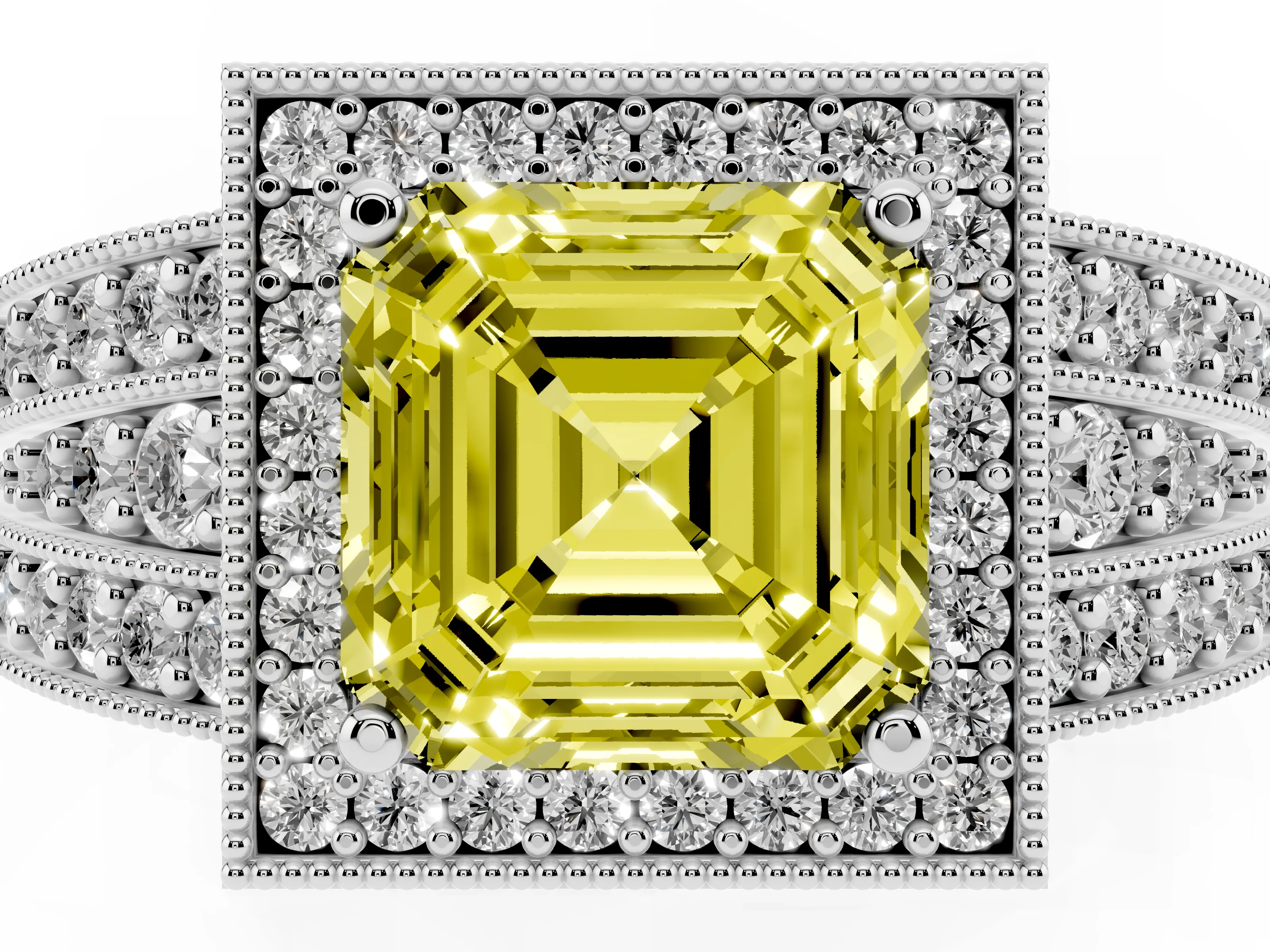 Fancy Yellow Asscher Cut Diamond Halo Ring Set in White gold with Accent Split Shank and Prong Setting