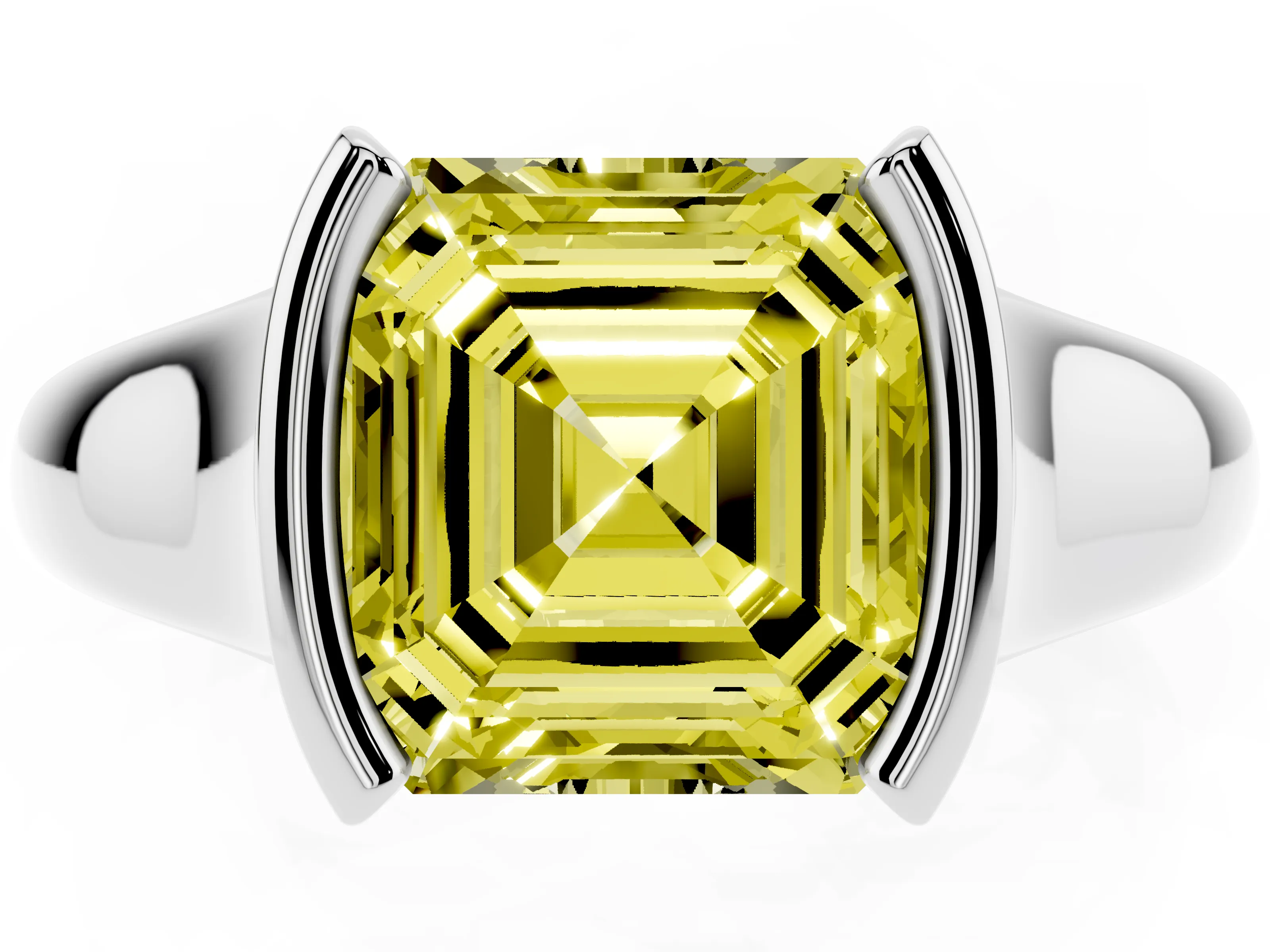 Fancy Yellow Asscher Cut Diamond Solitaire Tension Set Ring Set in Platinum with Split Shank Band
