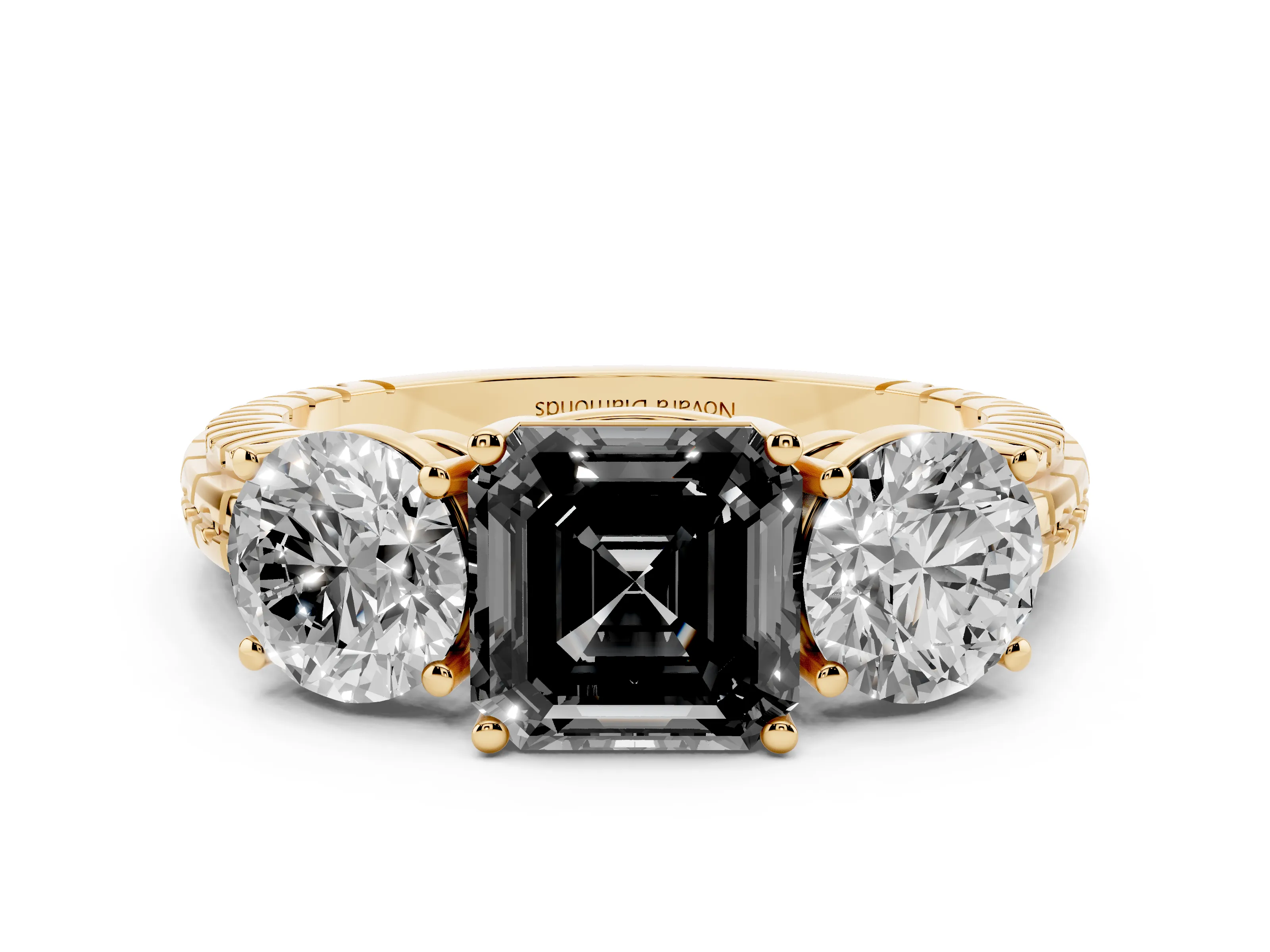 Fancy Black Asscher Cut Diamond Three-Stone Ring Set in Yellow gold with Channel-Set Accent Band