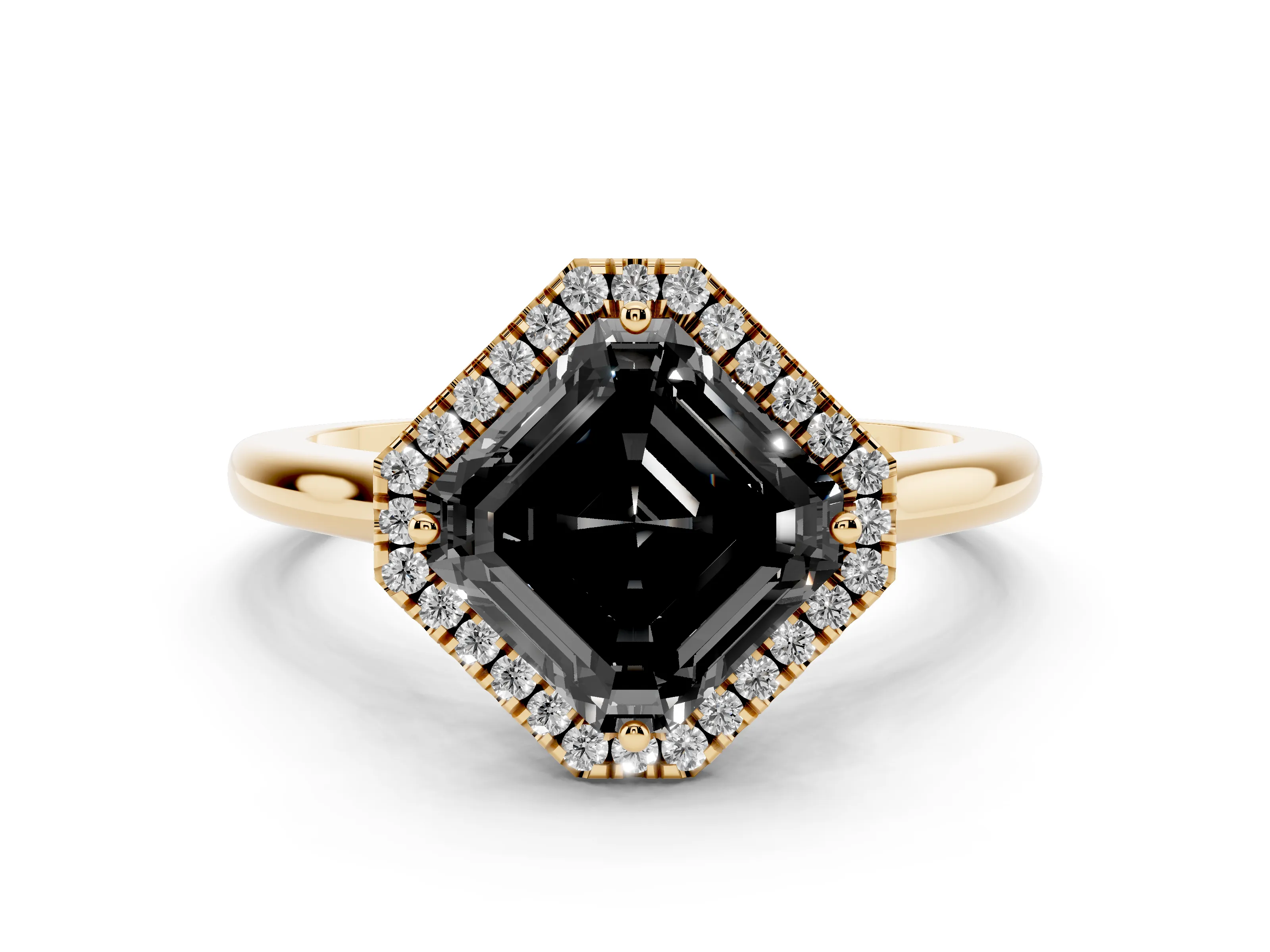 Fancy Black Asscher Cut Diamond Halo Engagement Ring Set in Yellow gold with Pavé Band and Rising Shoulders