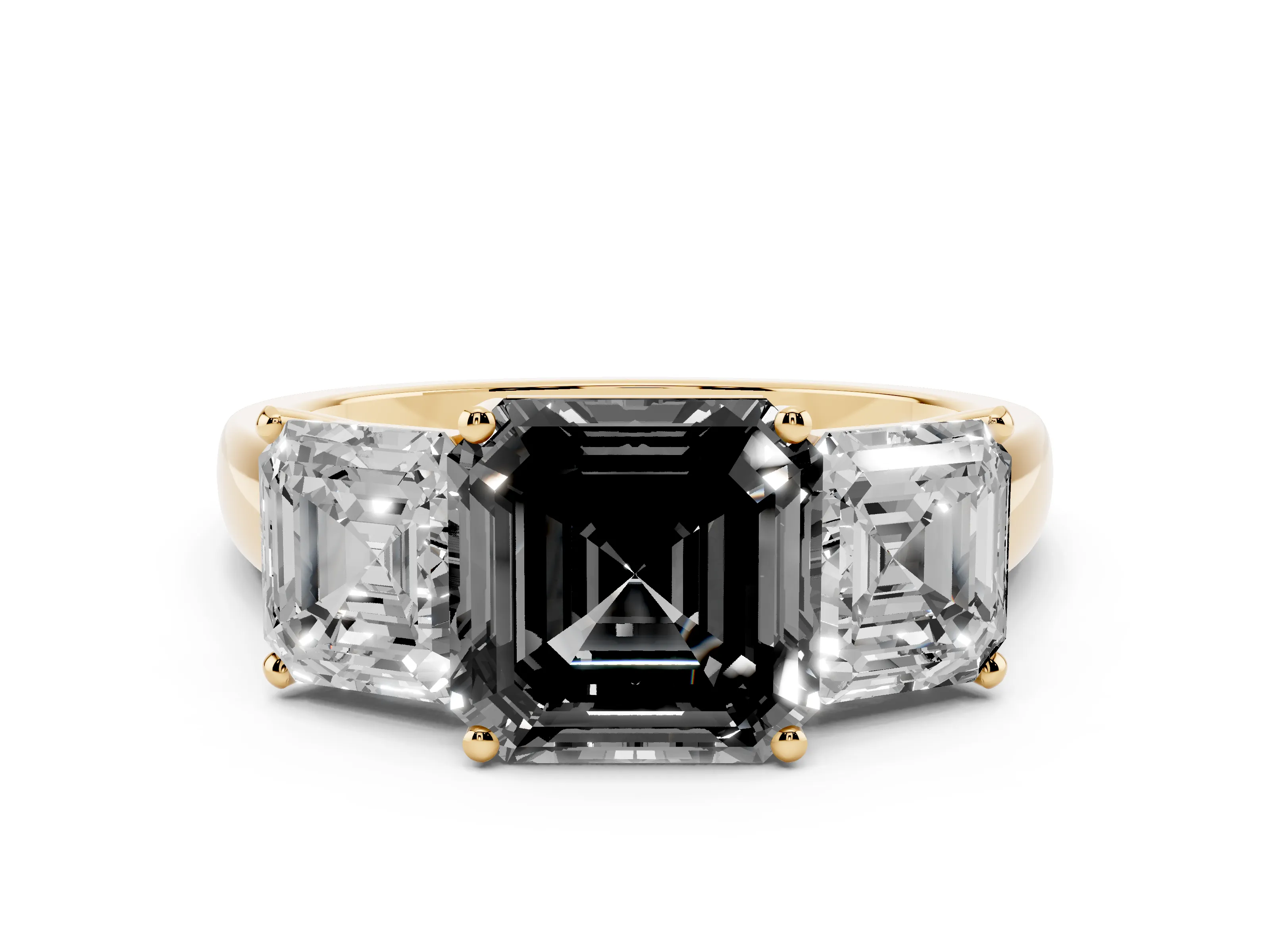 Fancy Black Asscher Cut Diamond Three-Stone Ring Set in Yellow gold with Classic Prong Setting and Plain Band