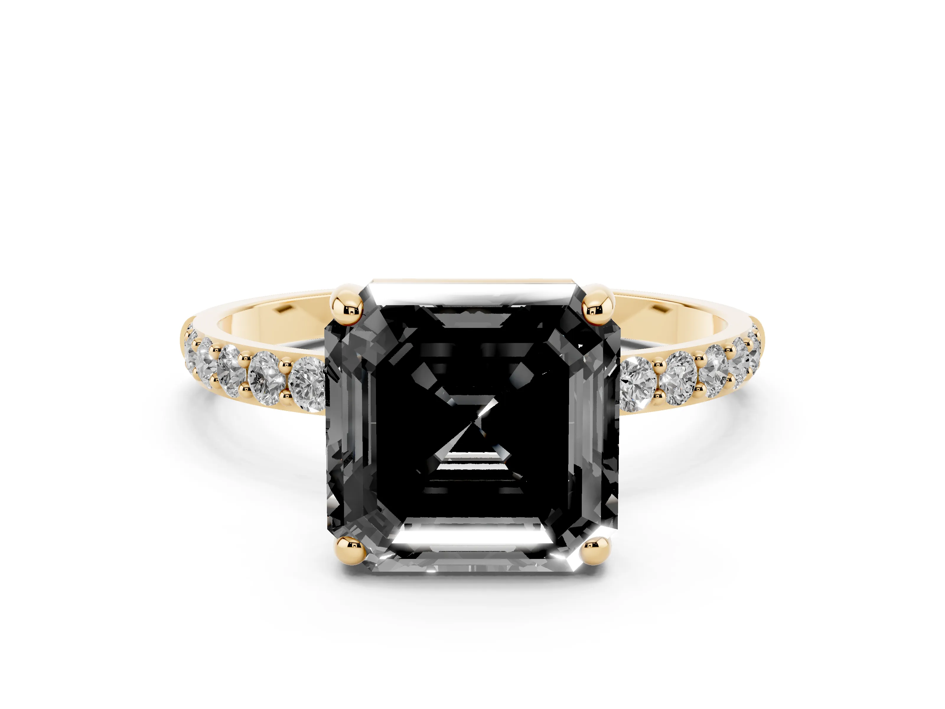 Fancy Black Asscher Cut Diamond Solitaire Ring Set in Yellow gold with Round Pavé Band and Prong Setting