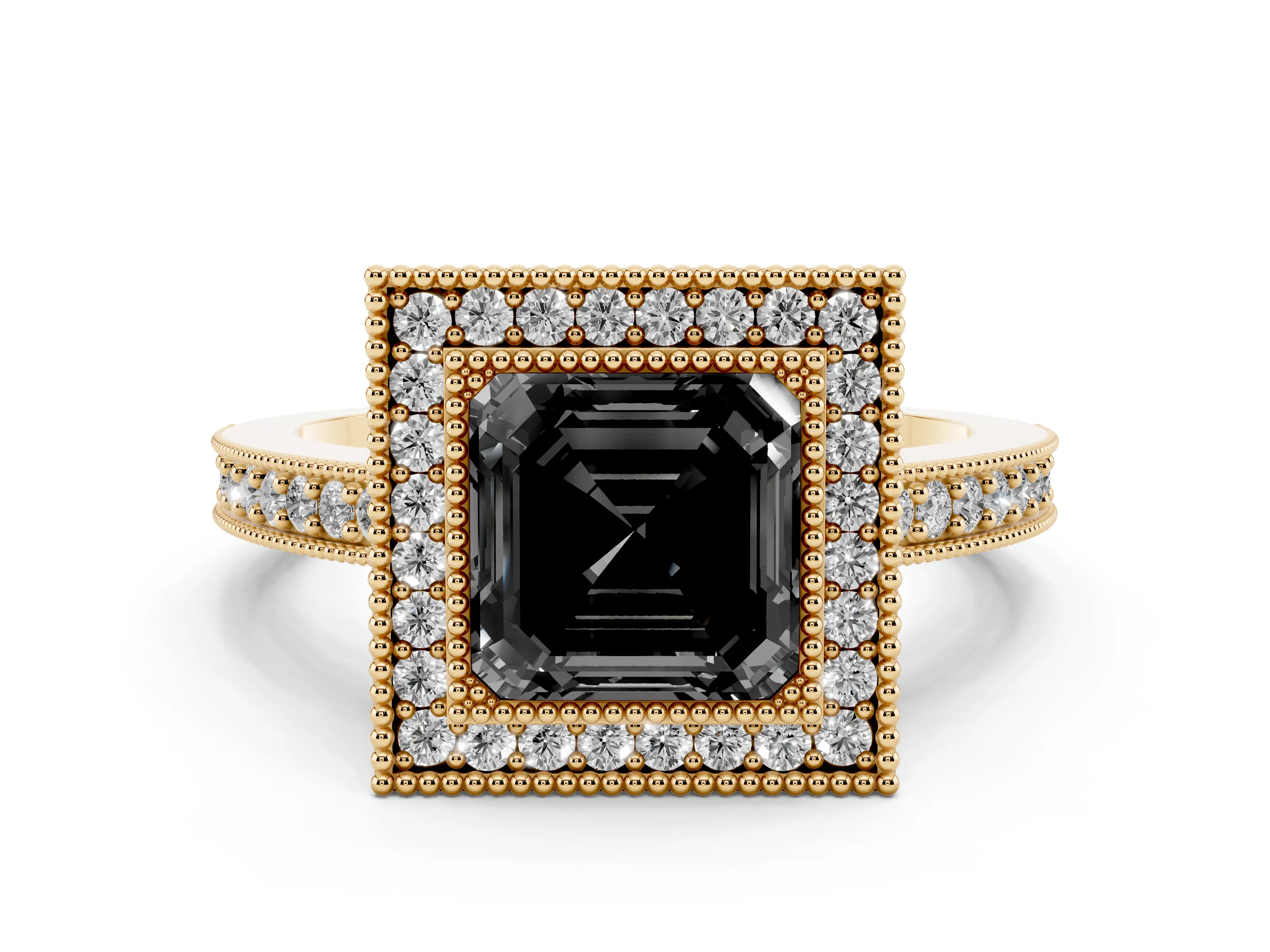Fancy Black Asscher Cut Diamond Halo Engagement Ring Set in Yellow gold with Pavé Band and Round Halo Stones