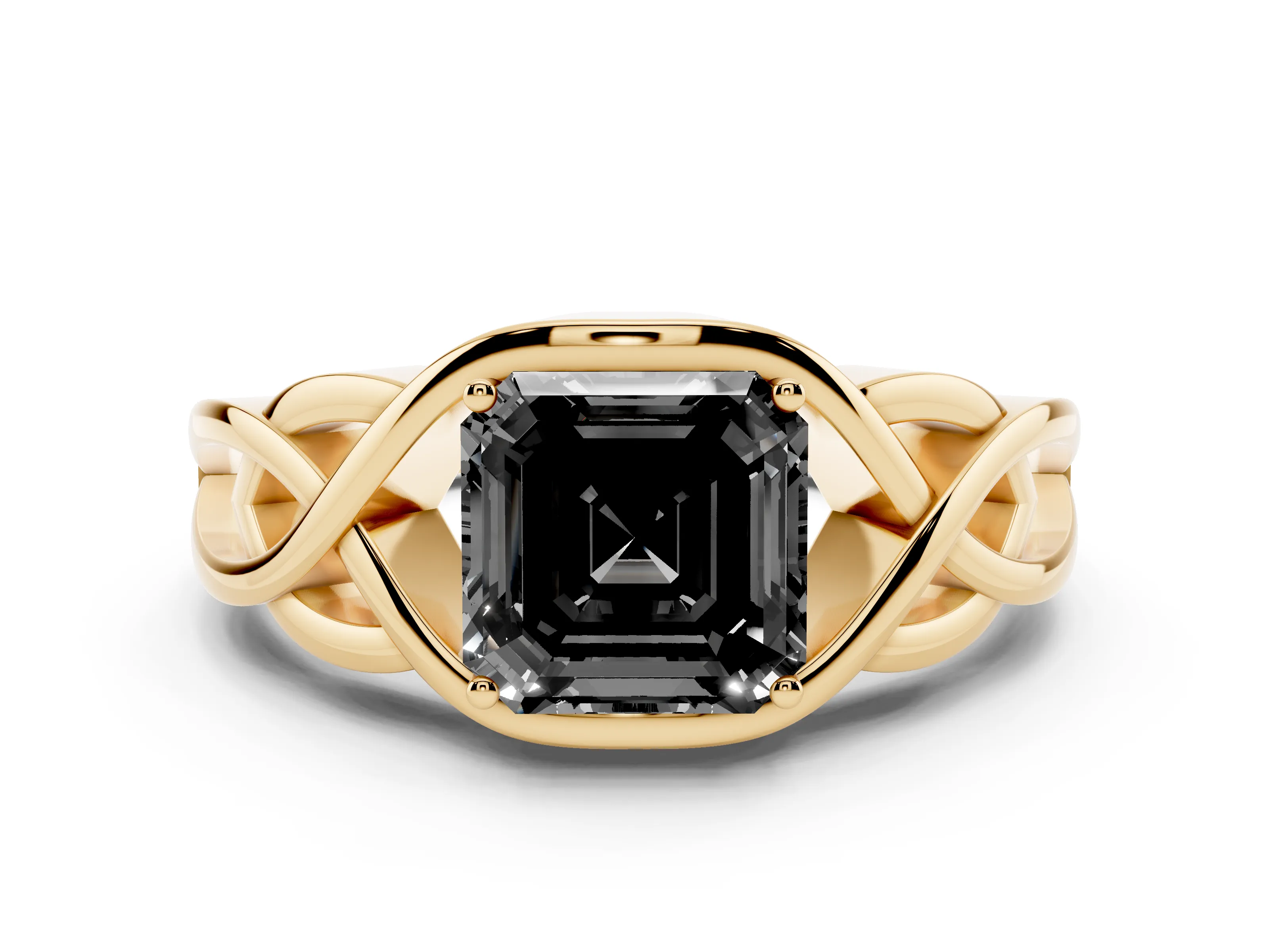Fancy Black Asscher Cut Diamond Solitaire Ring Set in Yellow gold with Intertwined Band